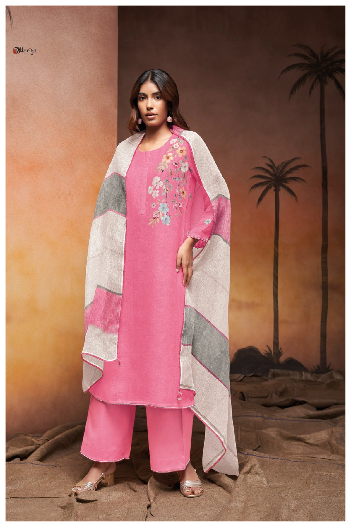 Flamingo Coral Pink Silk Linen Kurta Set