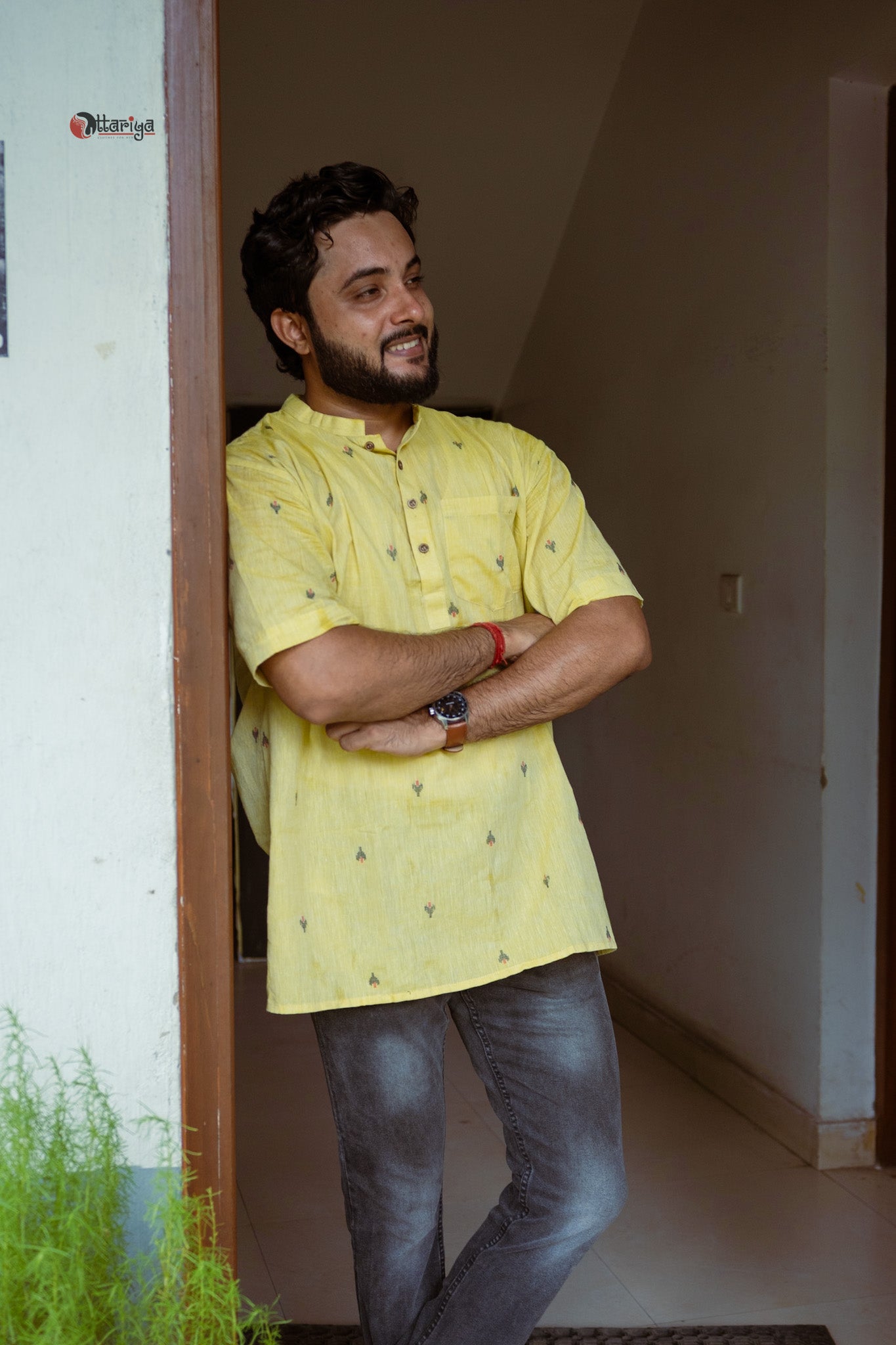 Lime short kurta in Jamdani