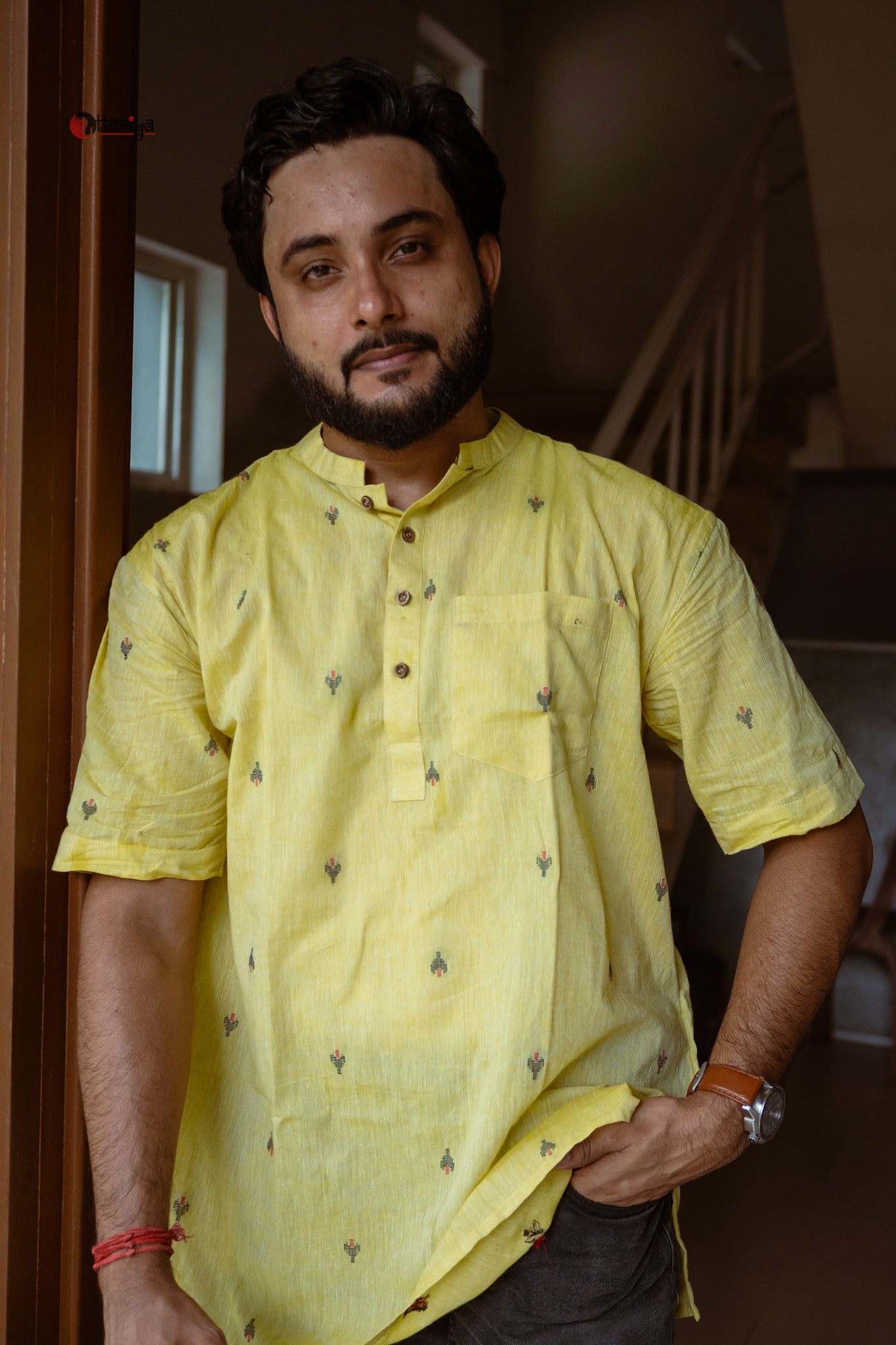 Lime short kurta in Jamdani
