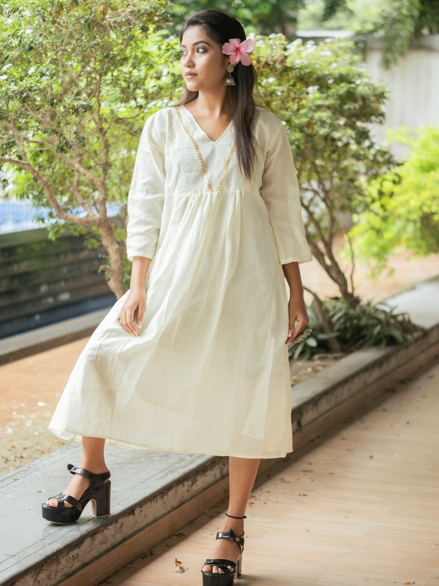 Elegant Off-White Cotton Midi Dress with Minimal Detailing