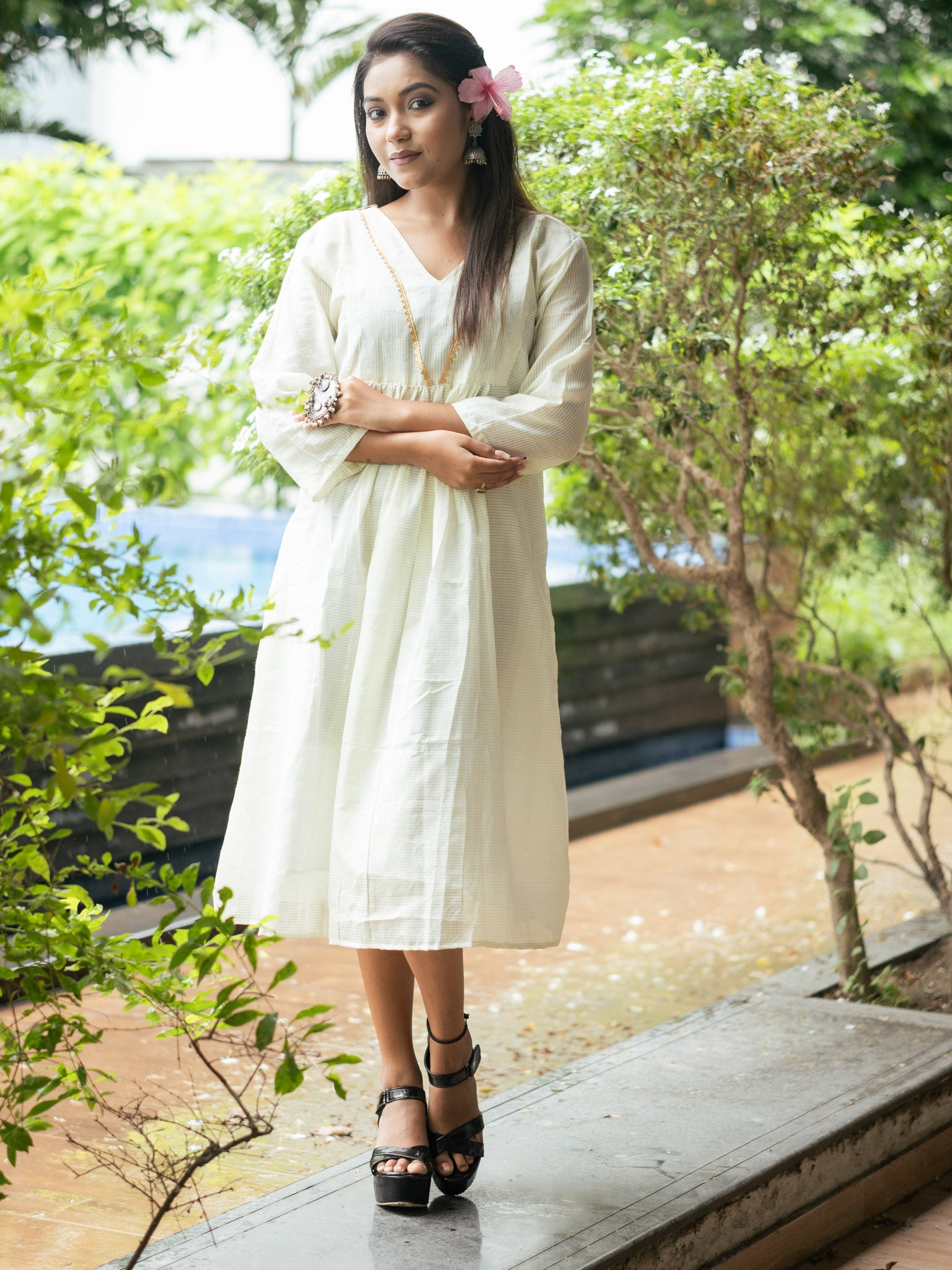 Elegant Off-White Cotton Midi Dress with Minimal Detailing