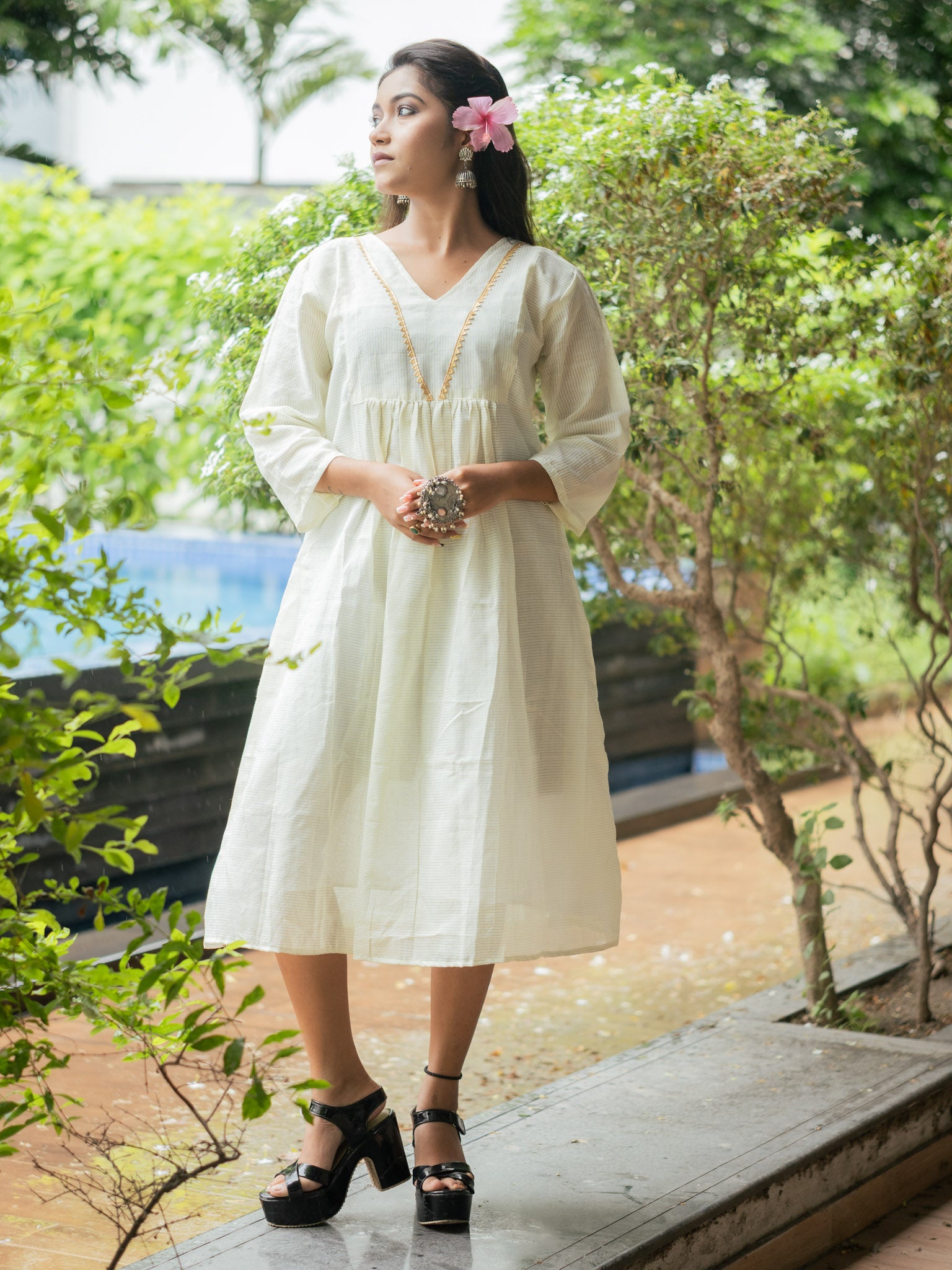Elegant Off-White Cotton Midi Dress with Minimal Detailing