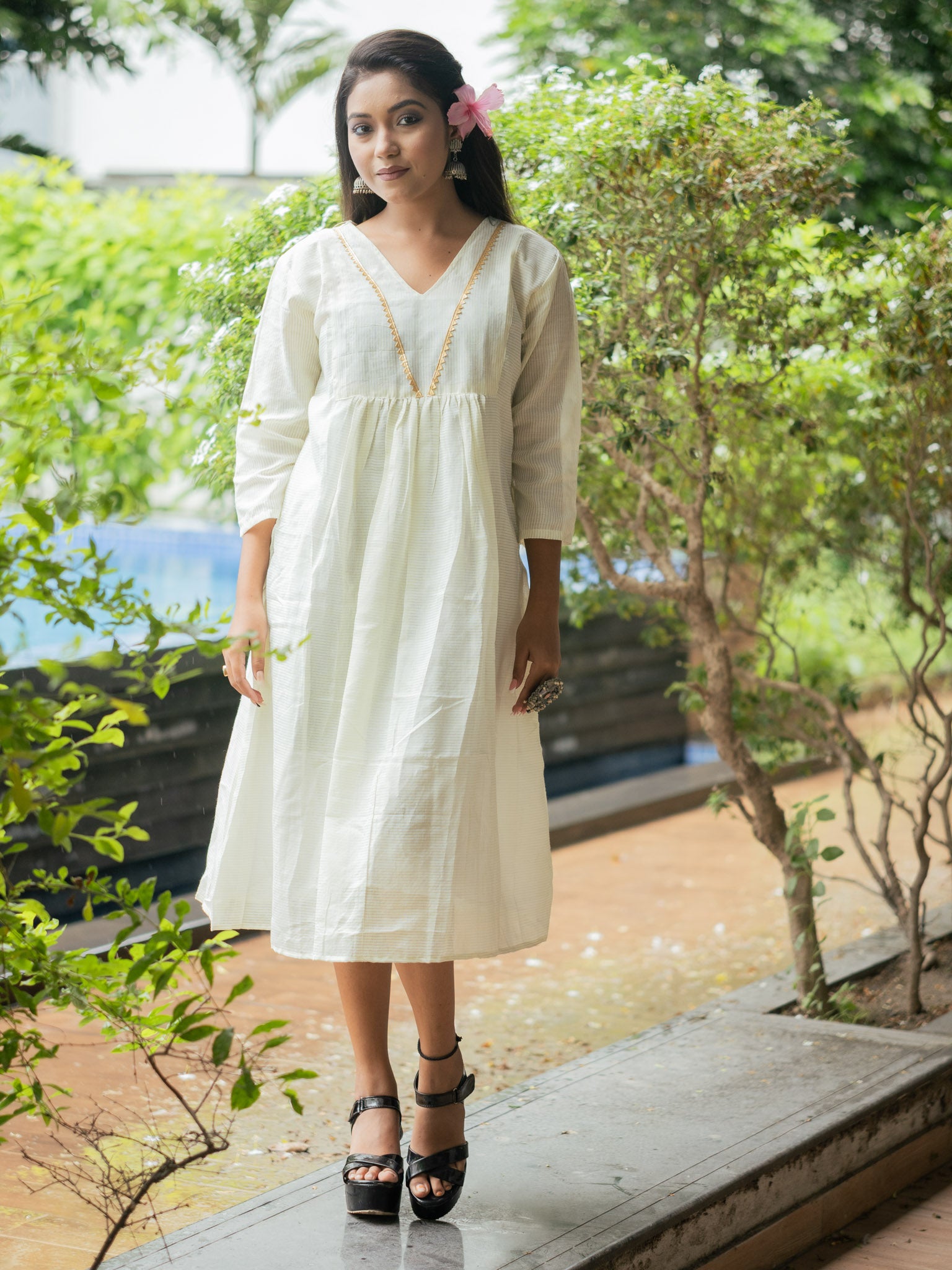 Elegant Off-White Cotton Midi Dress with Minimal Detailing