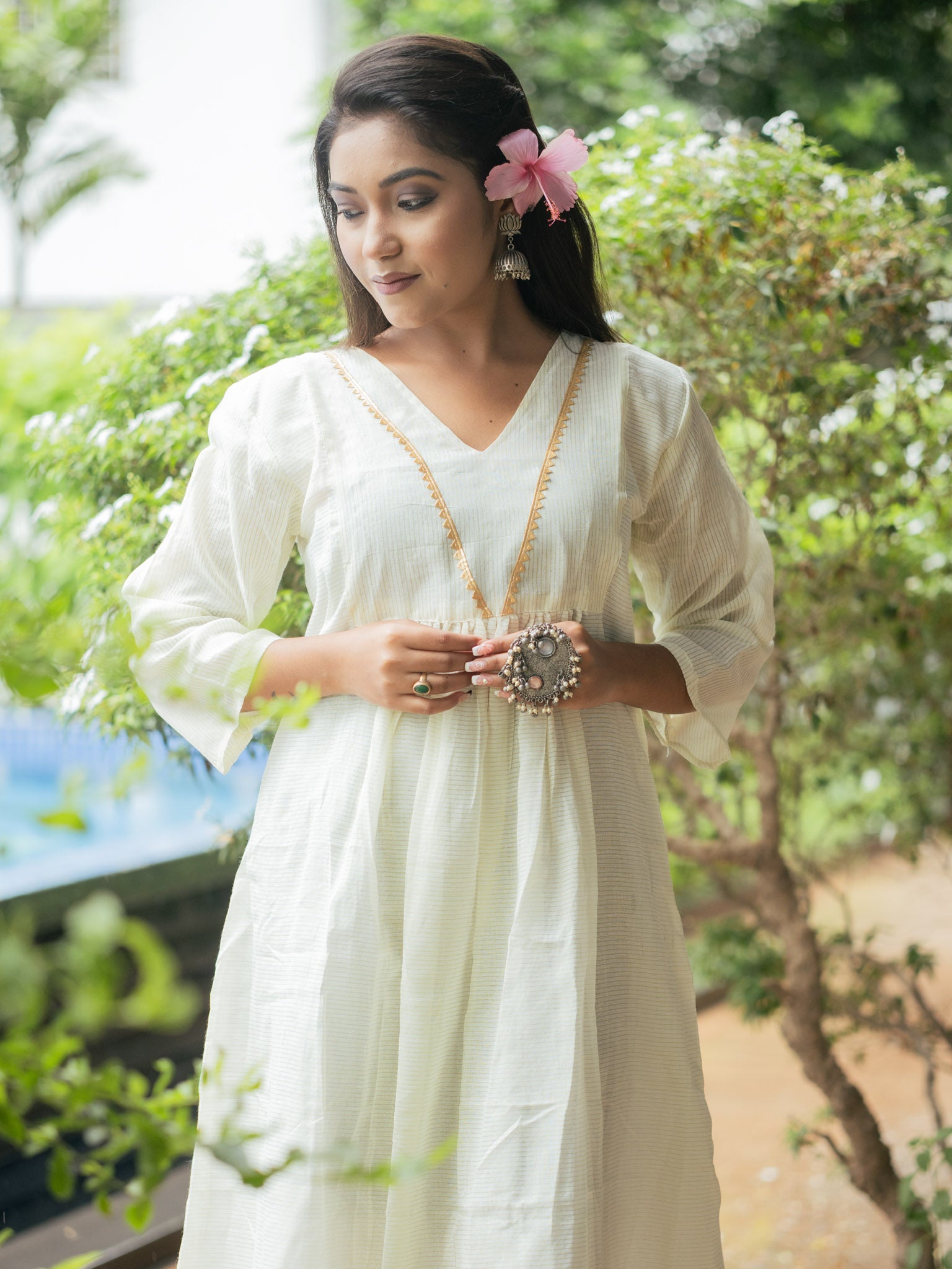 Elegant Off-White Cotton Midi Dress with Minimal Detailing