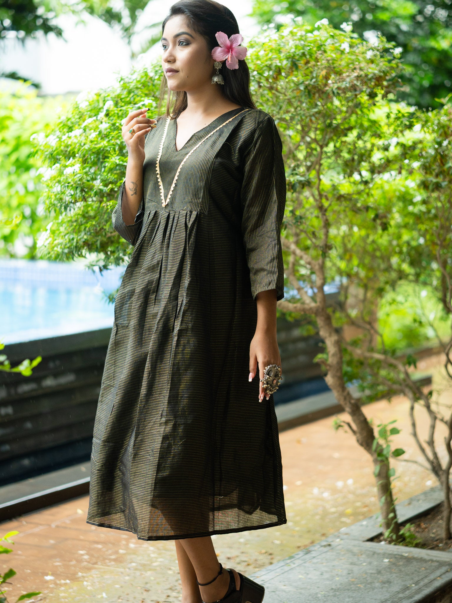 Classic Black & Gold Striped Cotton Midi Dress with Elegant Detailing