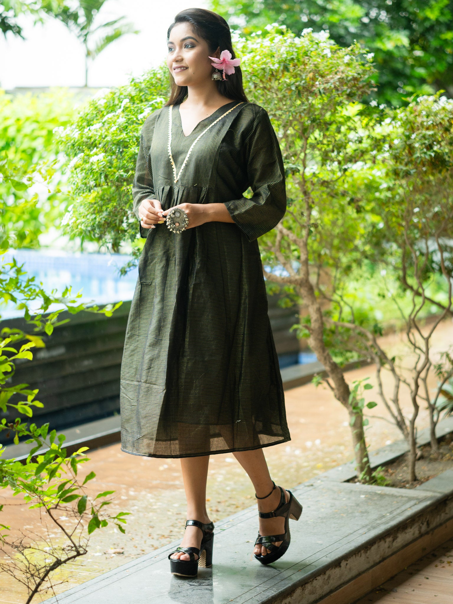 Classic Black & Gold Striped Cotton Midi Dress with Elegant Detailing