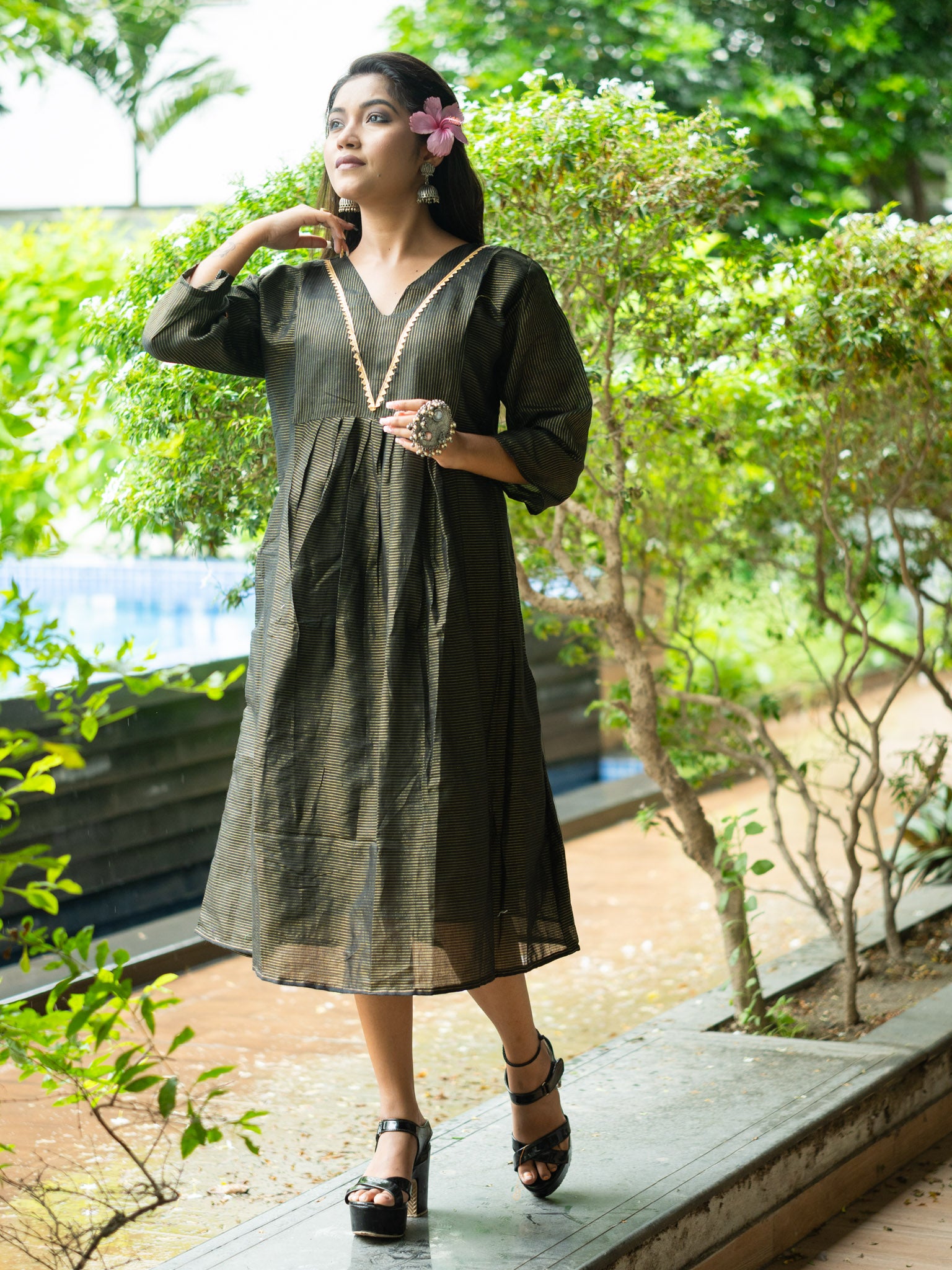 Classic Black & Gold Striped Cotton Midi Dress with Elegant Detailing