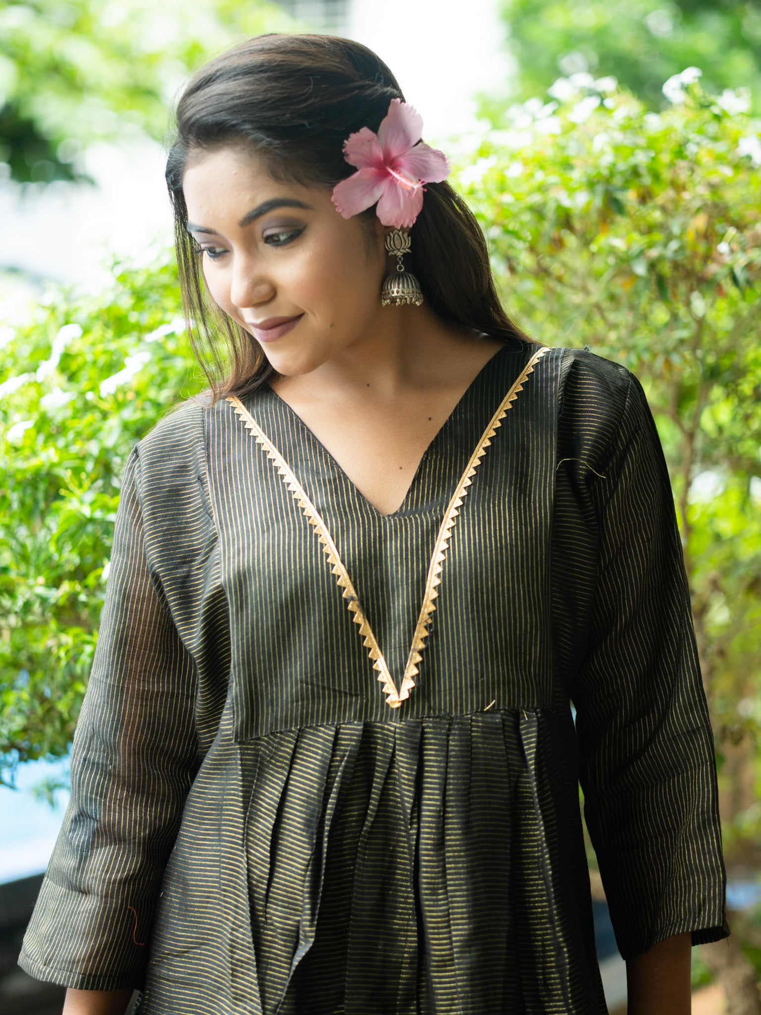 Classic Black & Gold Striped Cotton Midi Dress with Elegant Detailing