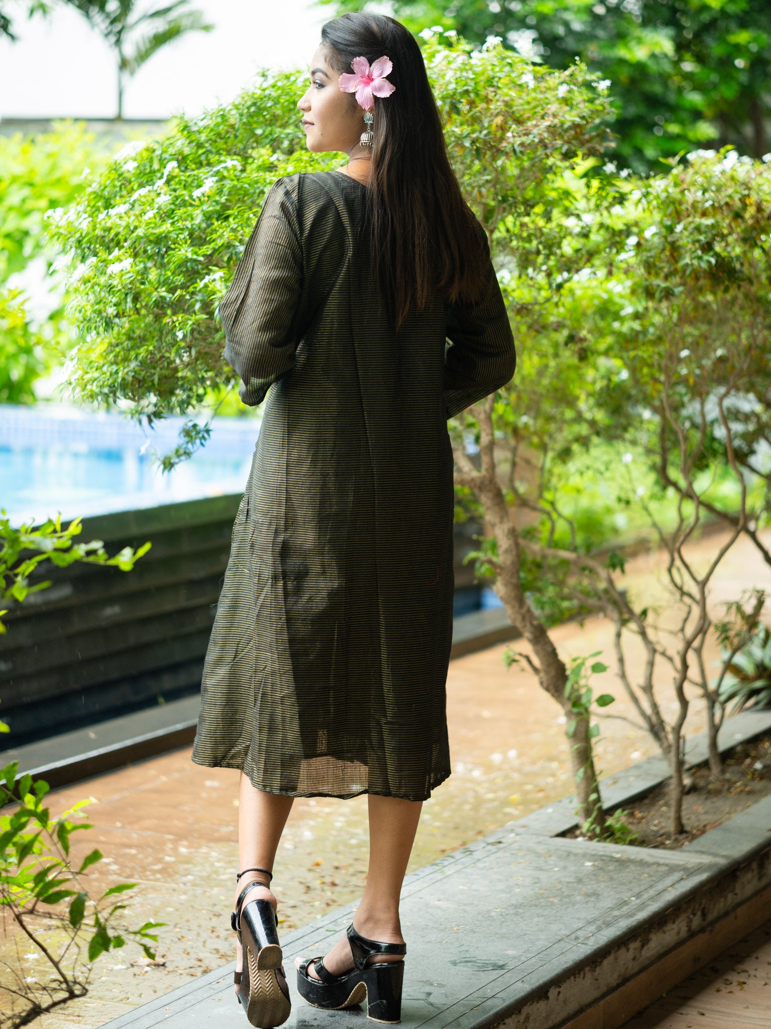 Classic Black & Gold Striped Cotton Midi Dress with Elegant Detailing