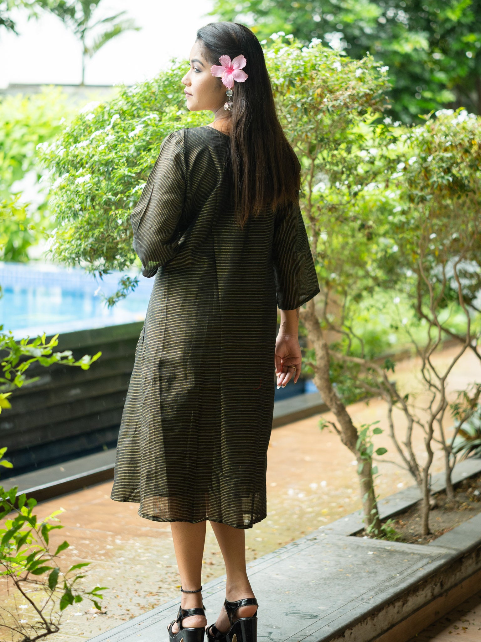 Classic Black & Gold Striped Cotton Midi Dress with Elegant Detailing
