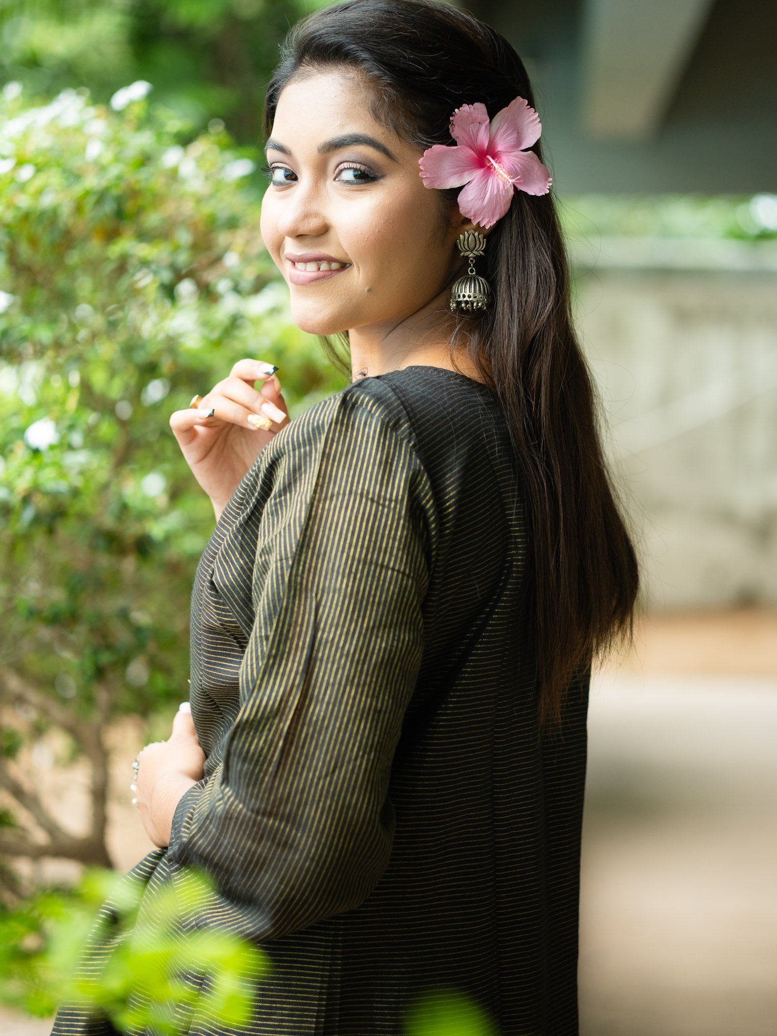 Classic Black & Gold Striped Cotton Midi Dress with Elegant Detailing