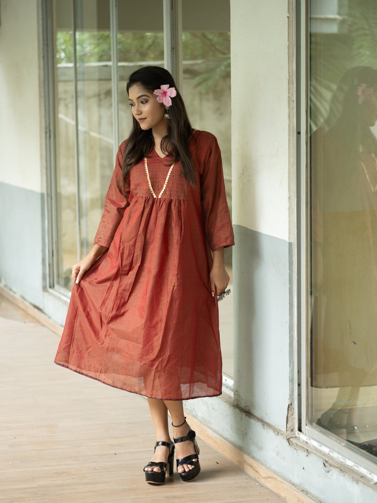 Elegant Chocolate Cotton Midi Dress with Minimal Detailing