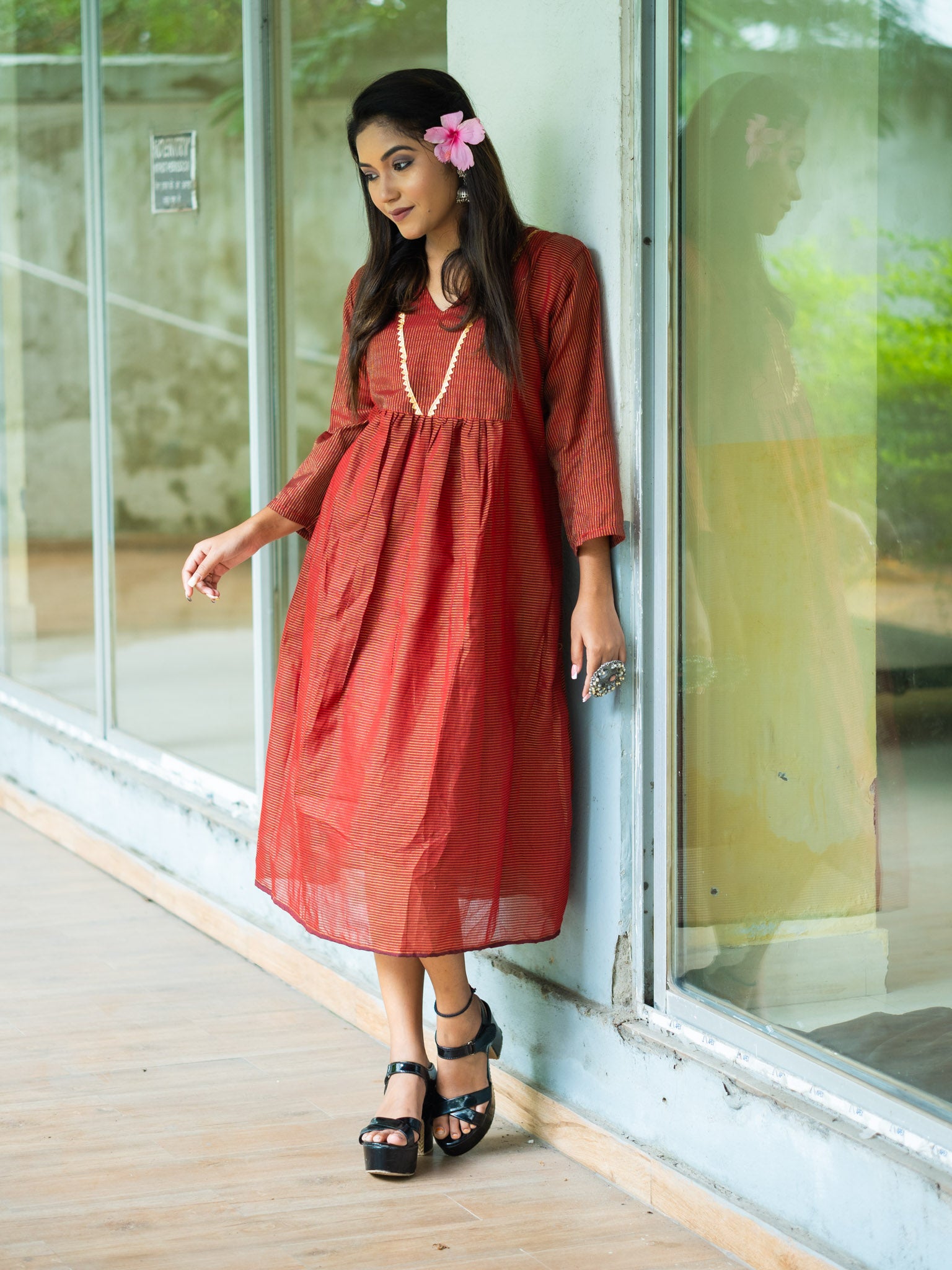 Elegant Chocolate Cotton Midi Dress with Minimal Detailing