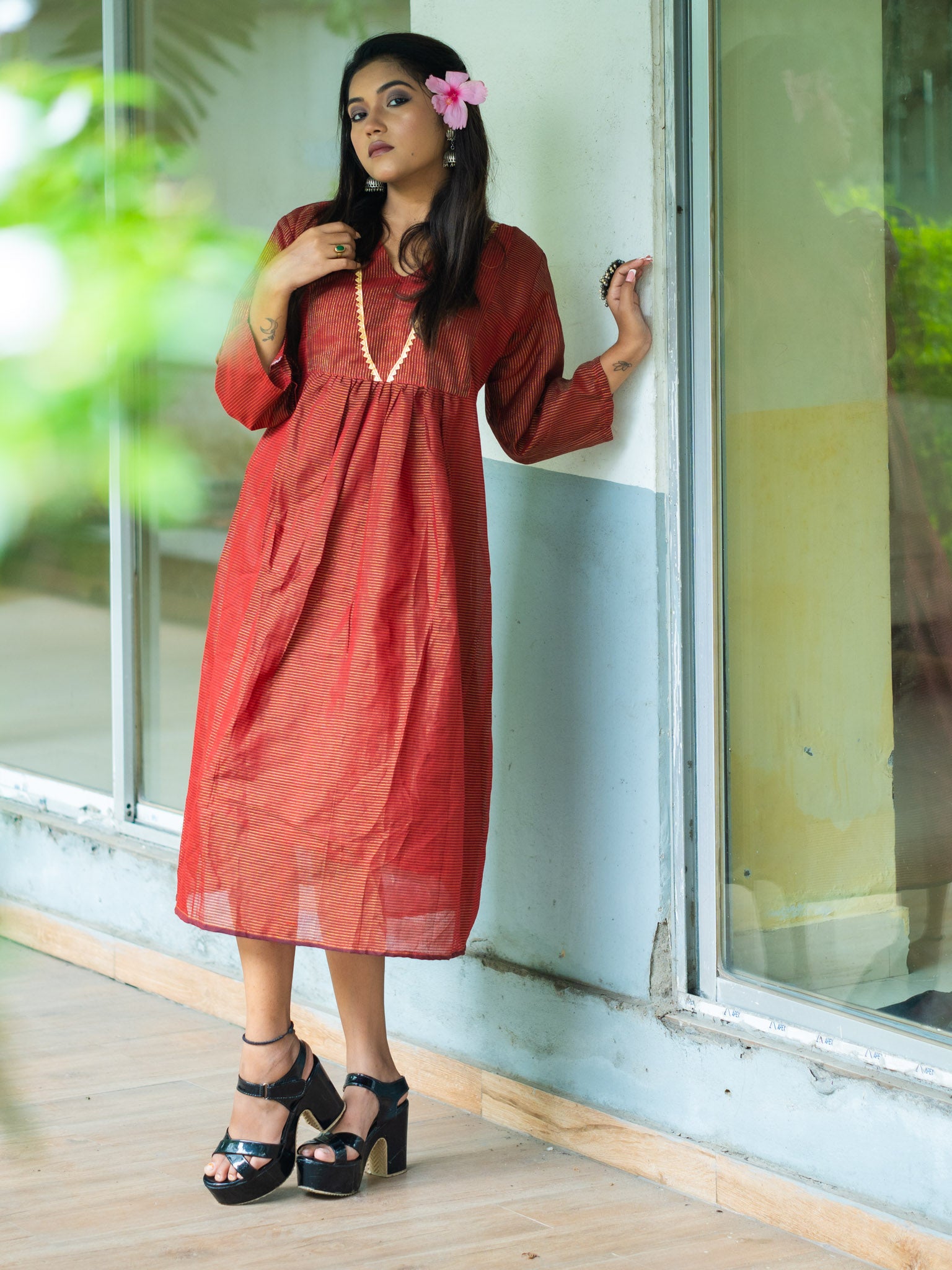 Elegant Chocolate Cotton Midi Dress with Minimal Detailing