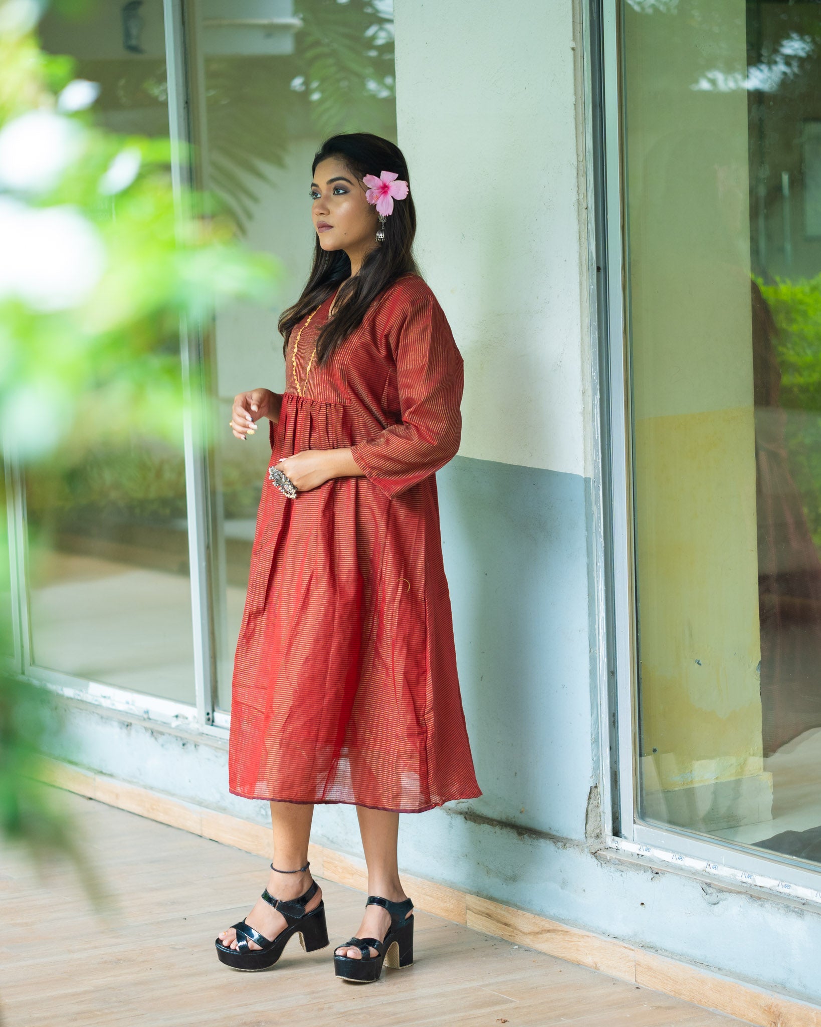 Elegant Chocolate Cotton Midi Dress with Minimal Detailing