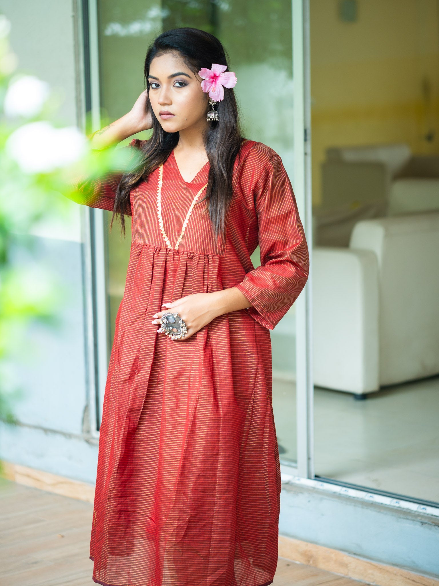 Elegant Chocolate Cotton Midi Dress with Minimal Detailing