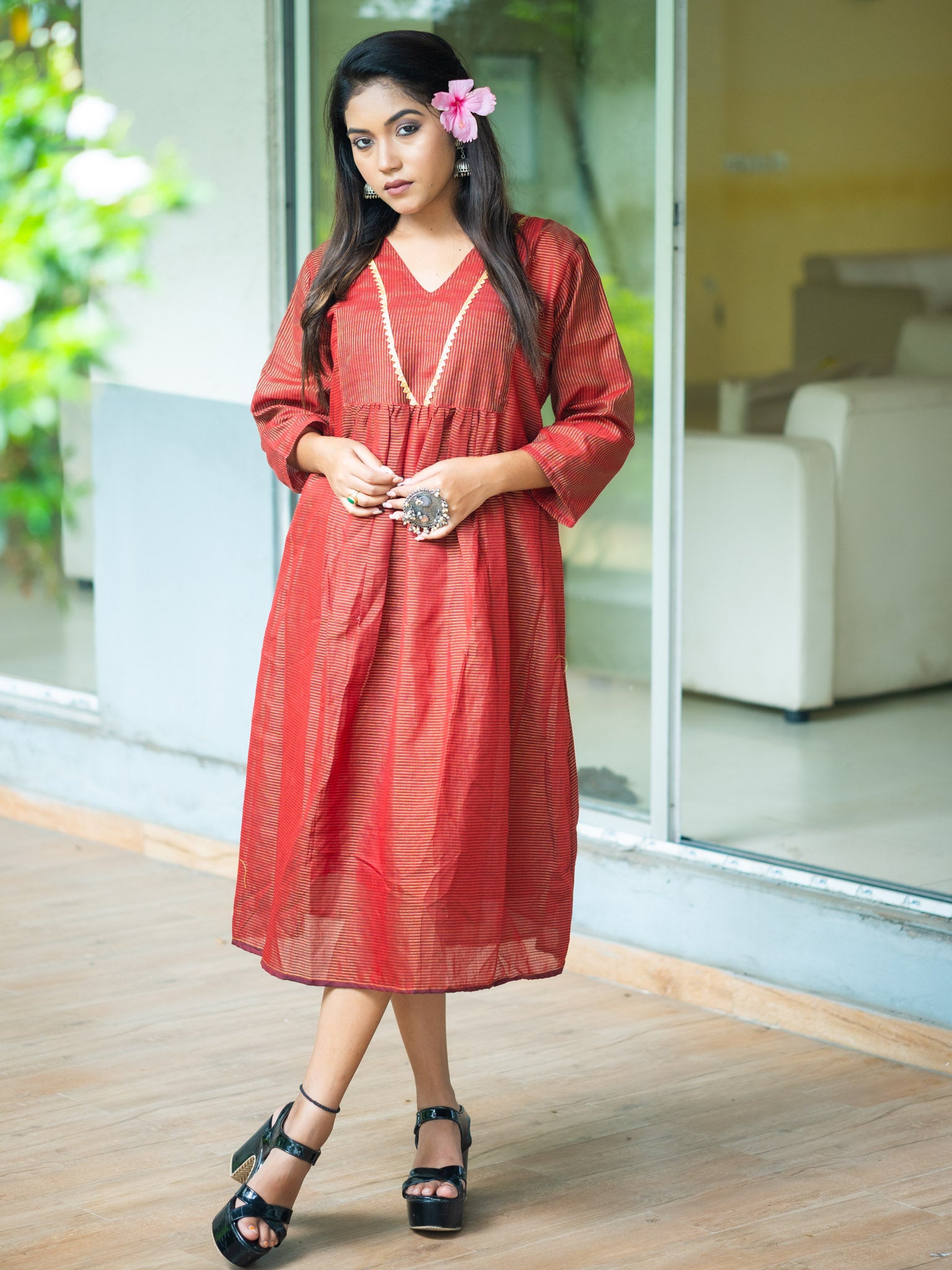 Elegant Chocolate Cotton Midi Dress with Minimal Detailing