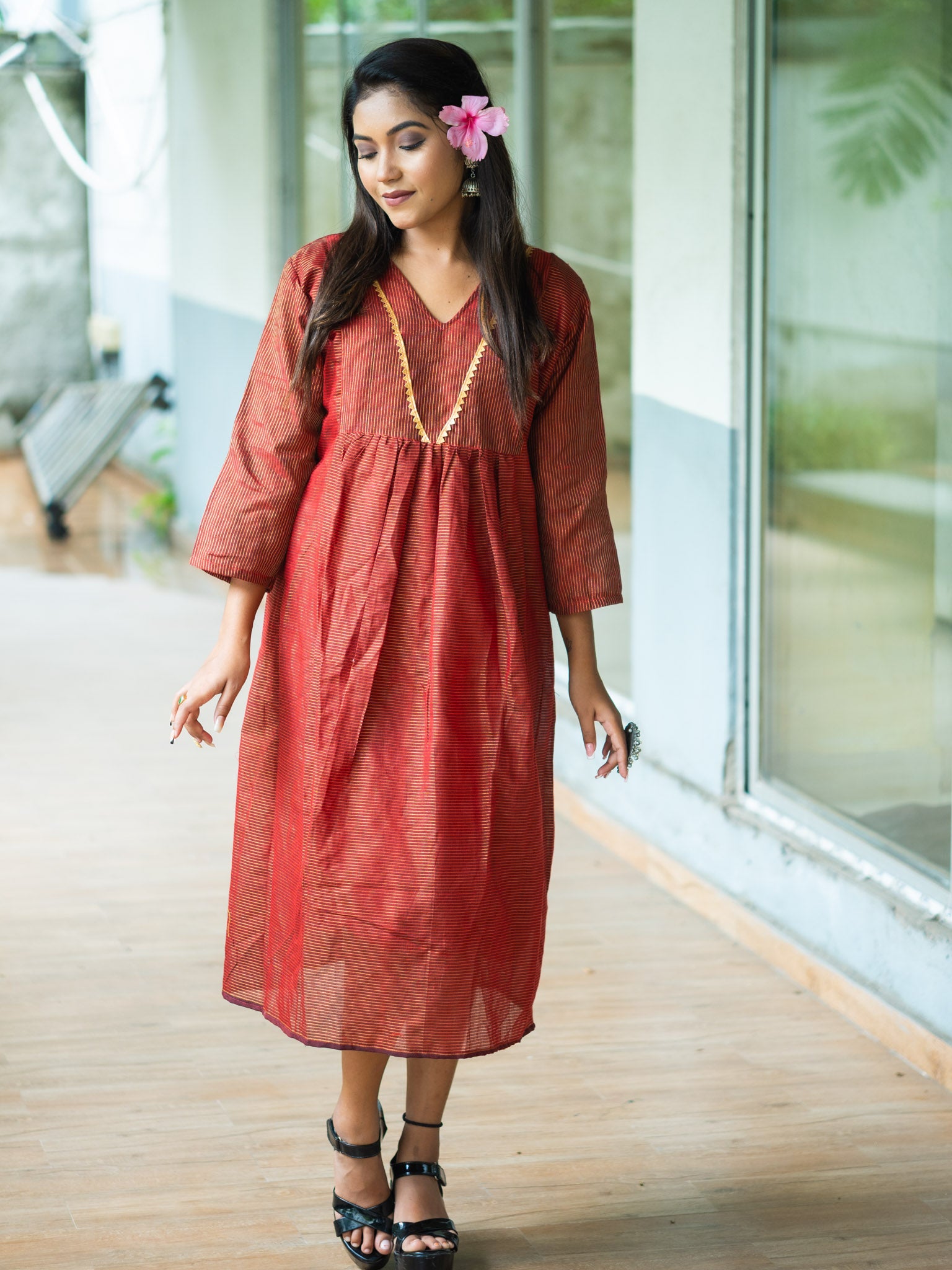 Elegant Chocolate Cotton Midi Dress with Minimal Detailing