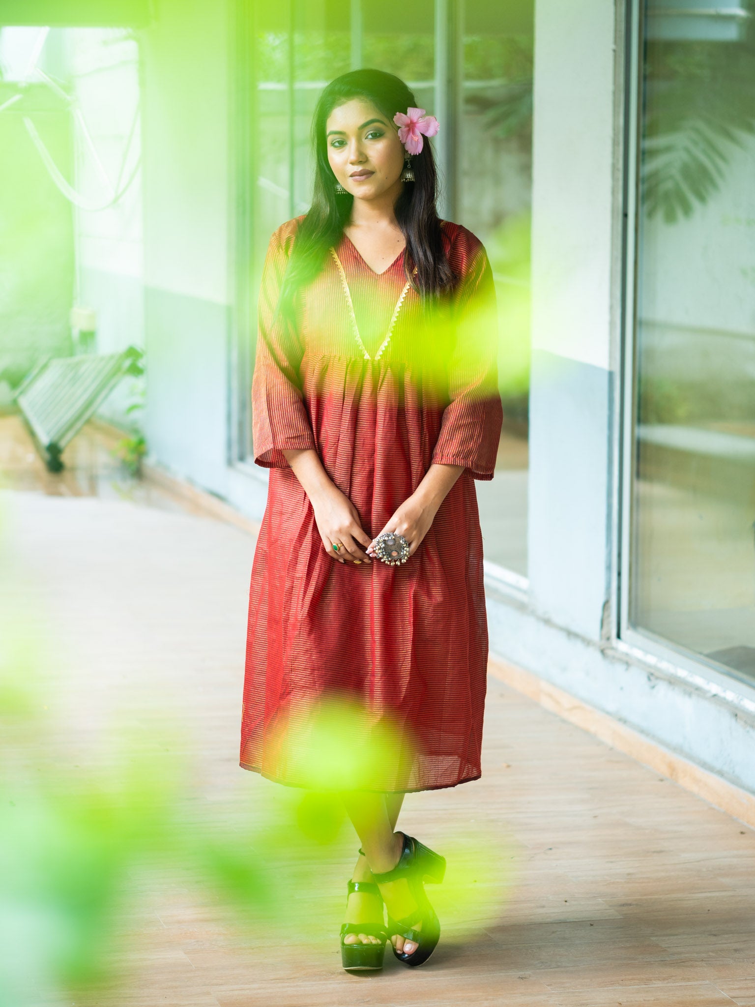 Elegant Chocolate Cotton Midi Dress with Minimal Detailing