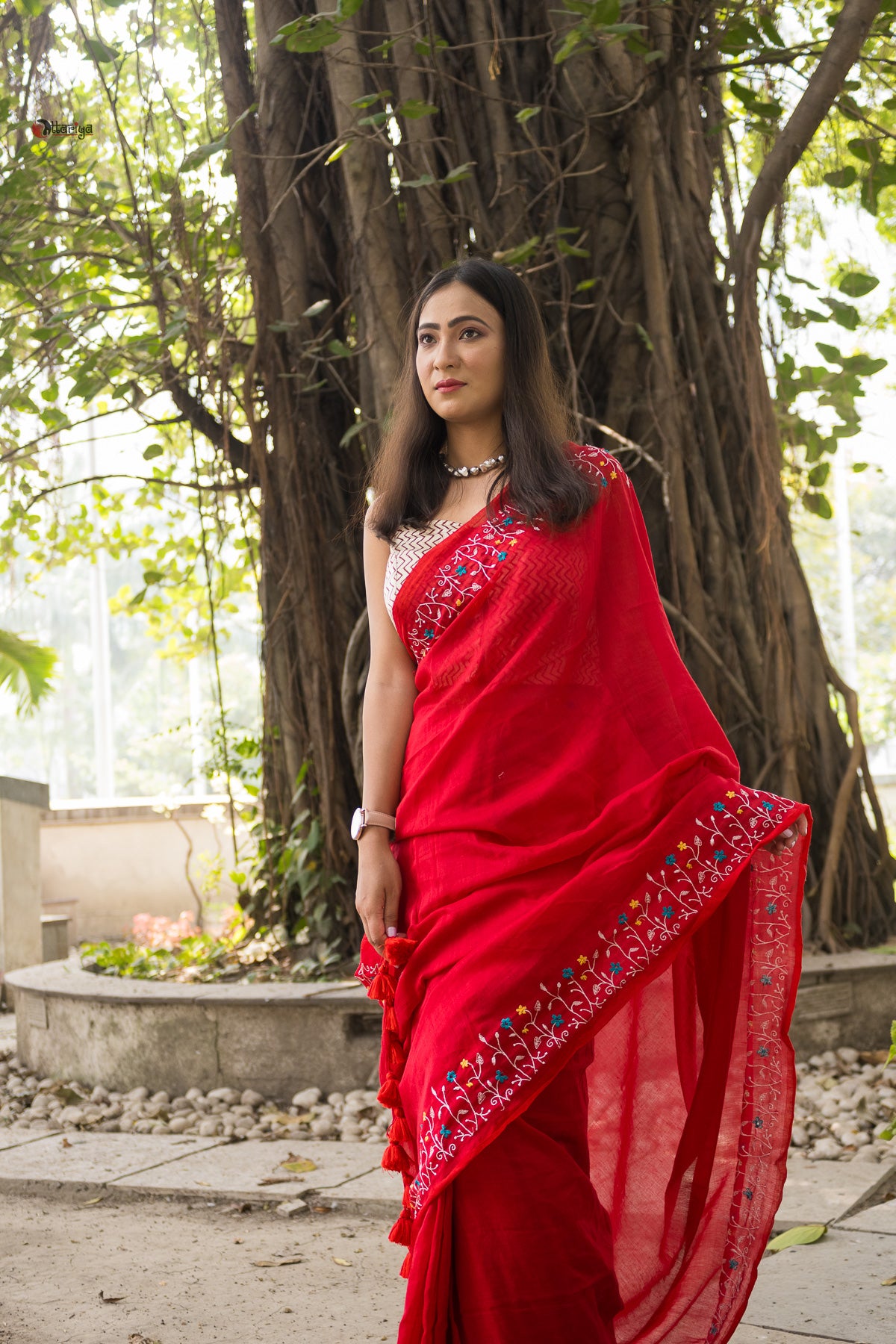 Red Garden On The Needle Embroidered Cotton Saree