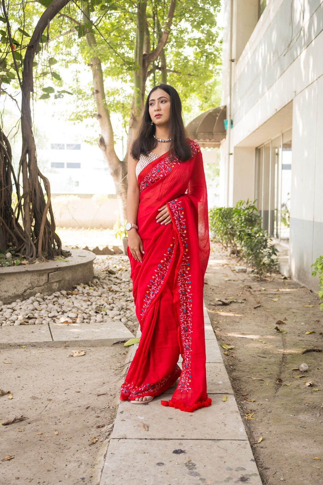 Red Garden On The Needle Embroidered Cotton Saree