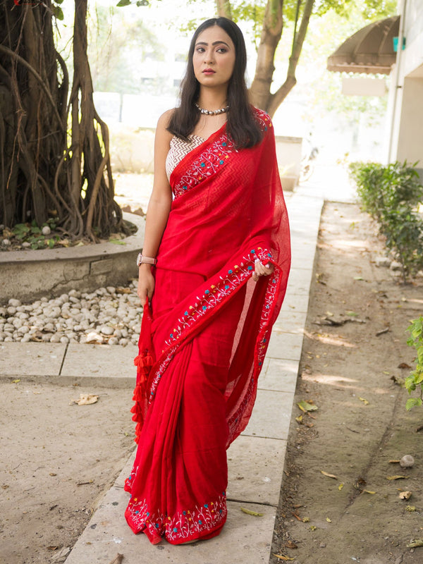 Red Garden On The Needle Embroidered Cotton Saree - Uttariya