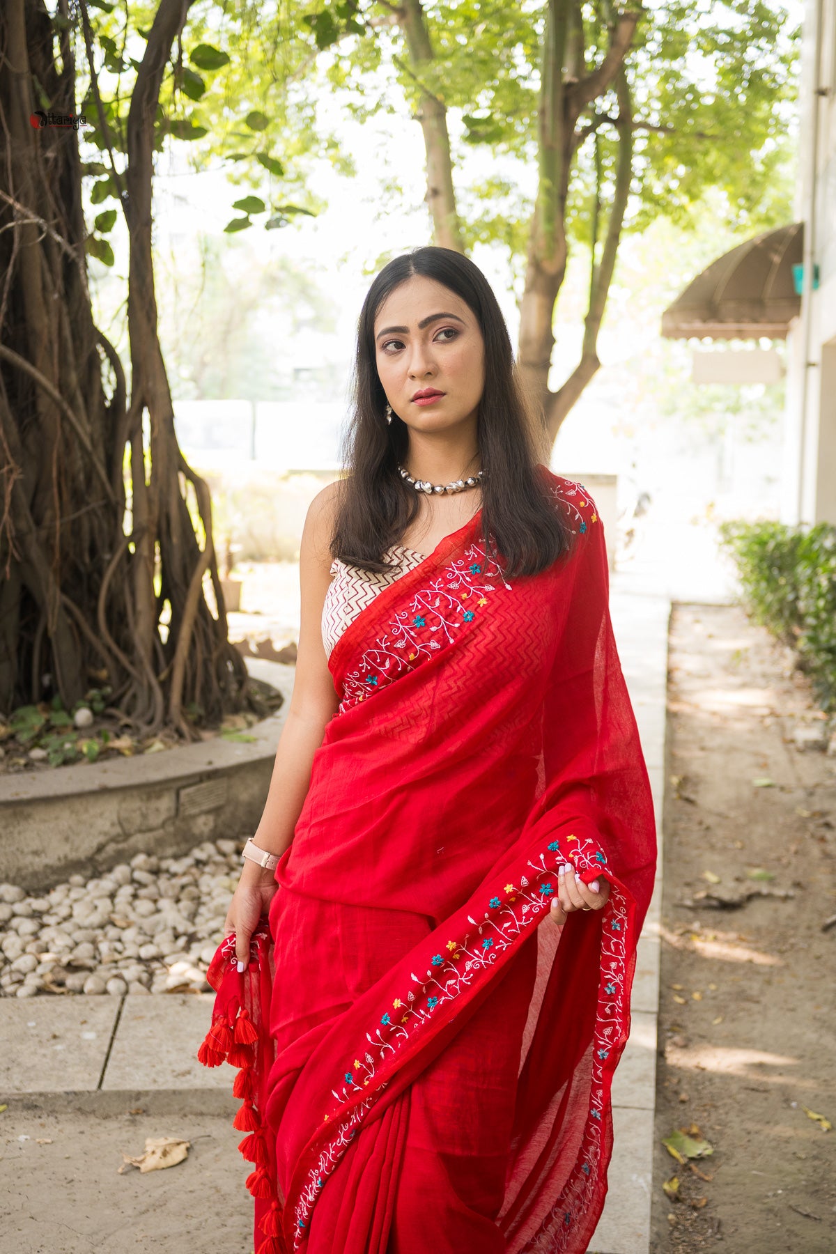 Red Garden On The Needle Embroidered Cotton Saree