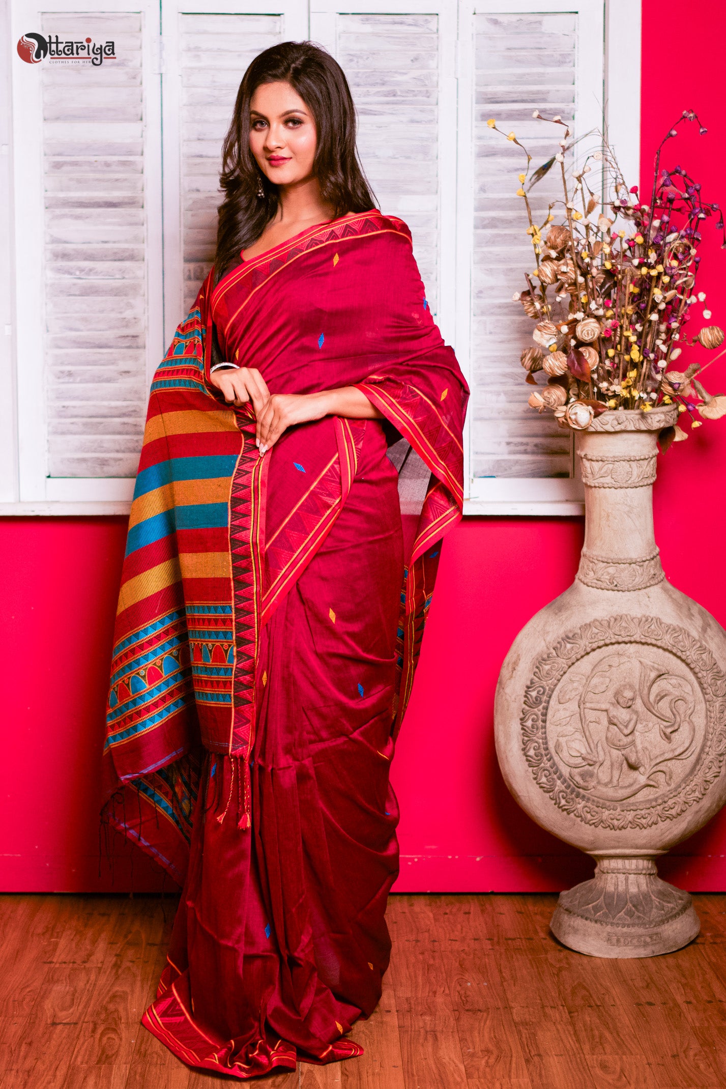 Maroon dongria Saree - Uttariya
