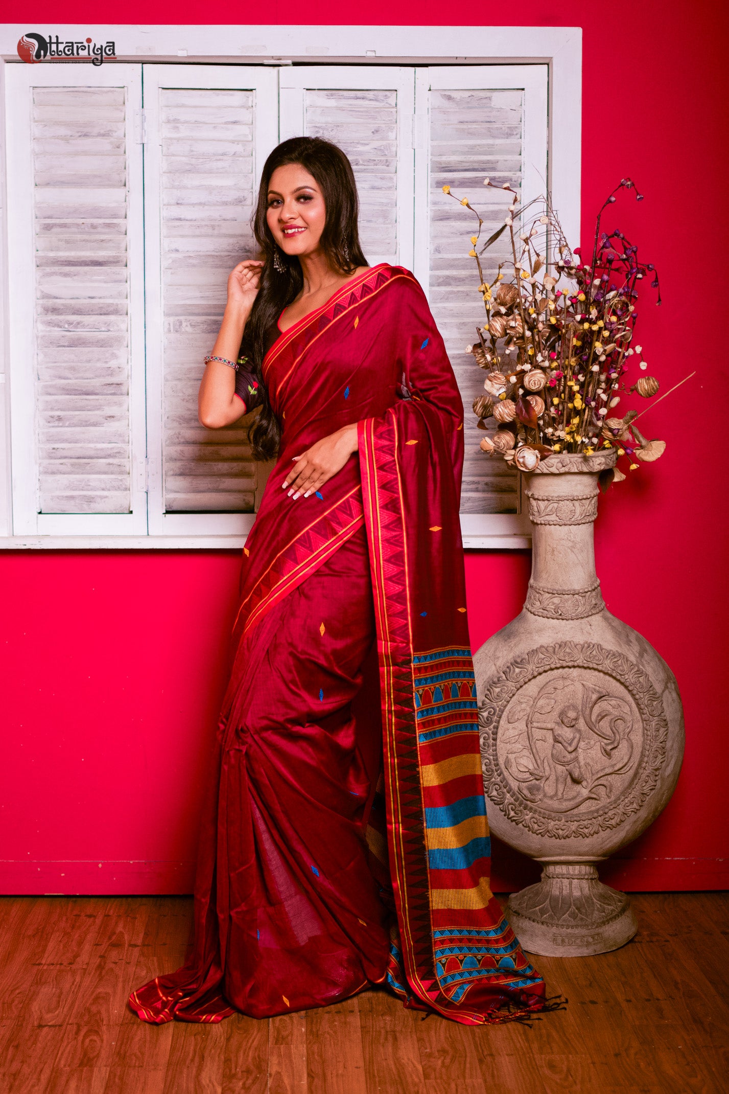 Maroon dongria Saree - Uttariya