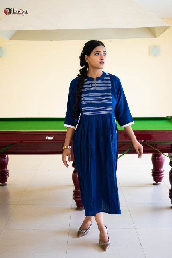 Navy Twilight Embroidery Jamdani Cotton Dress - Uttariya