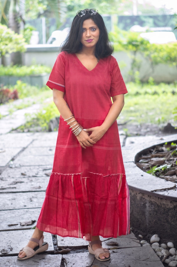 Gamcha Handloom Tiered Maxi Dress — Red Check - Uttariya