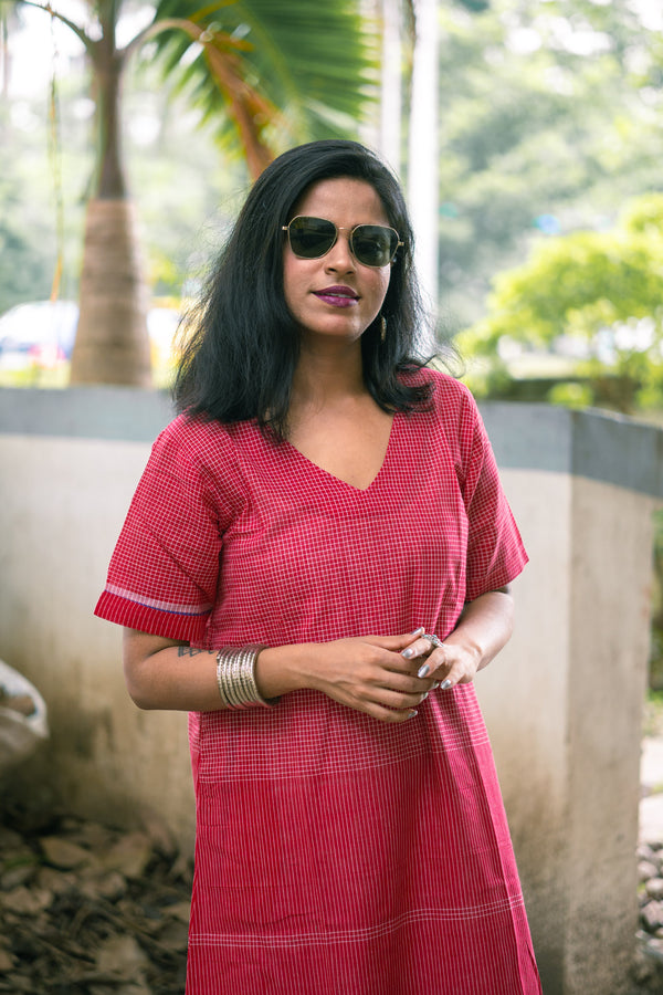 Gamcha Handloom Tiered Maxi Dress — Red Check - Uttariya