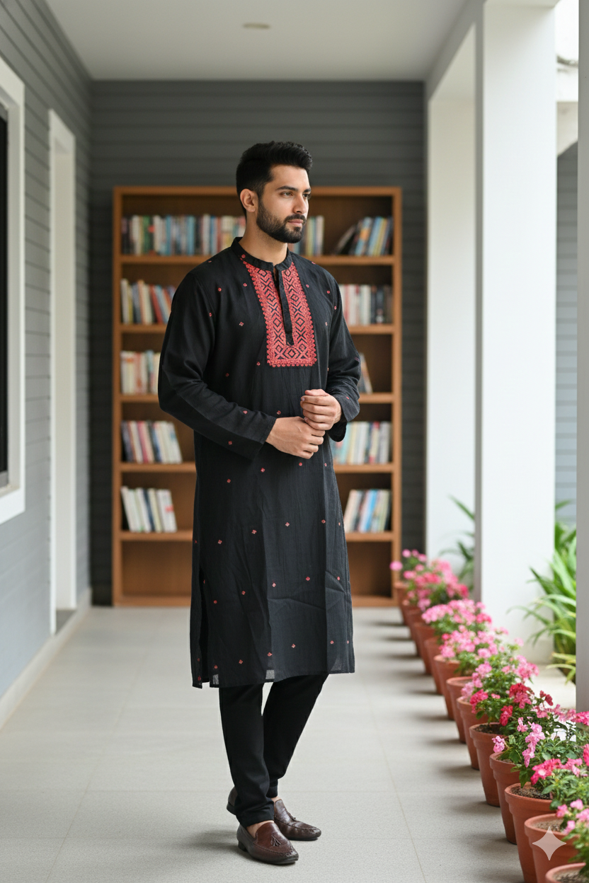 Black jamdani silk kurta