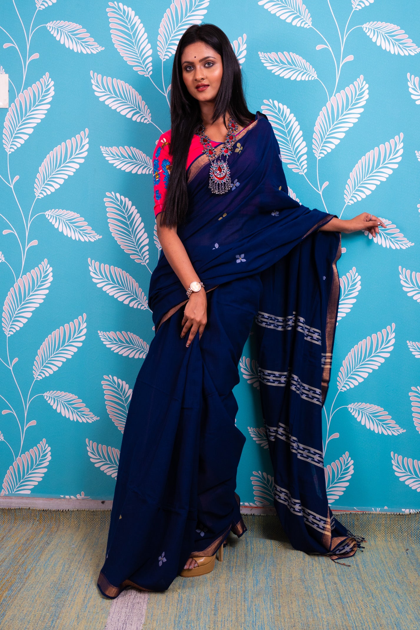 Blue handspun Jamdani Saree