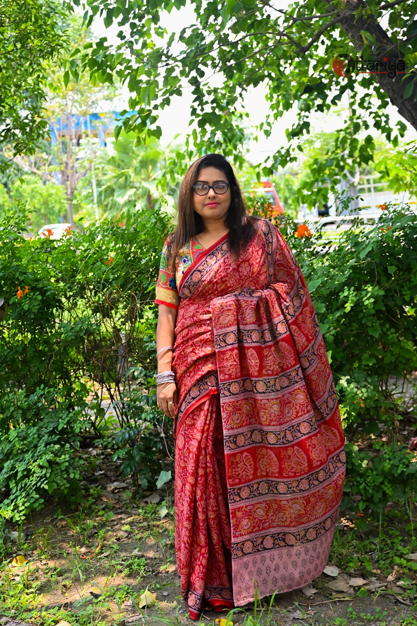 Red Wooden Kalamkari Saree