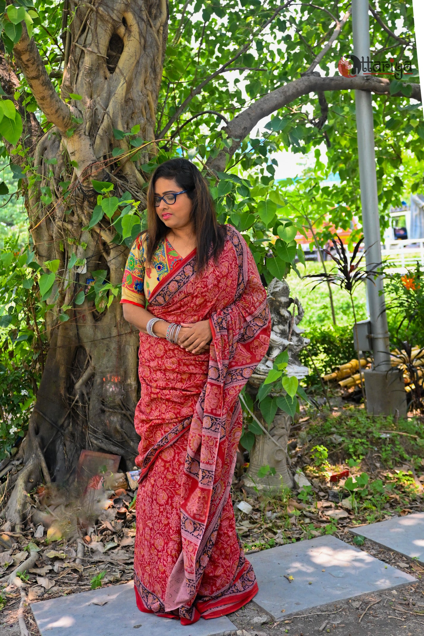 Red Wooden Kalamkari Saree