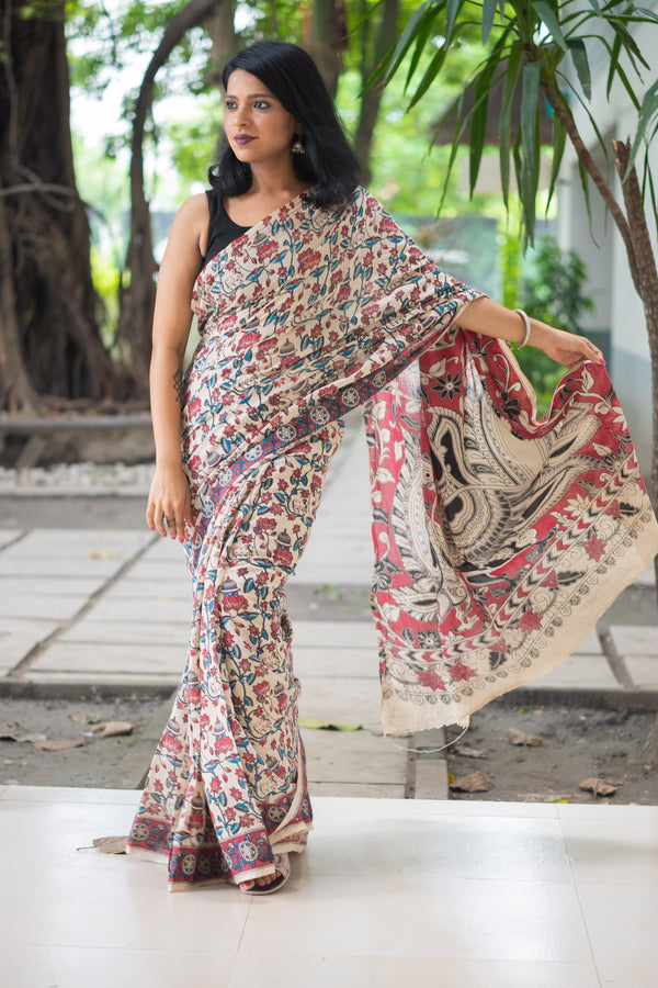 Ivory Lotus Deer Kalamkari Cotton Saree