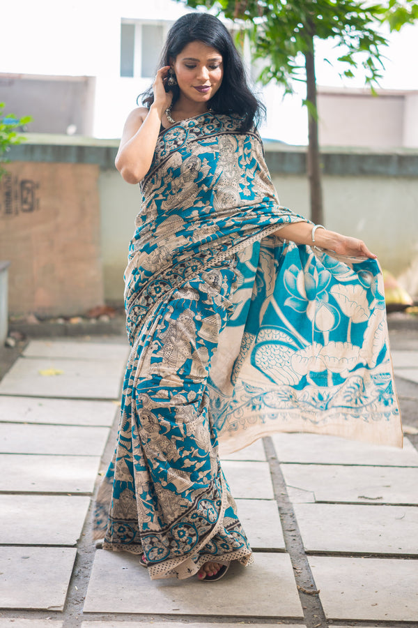 Teal Puranic Kalamkari Cotton Saree