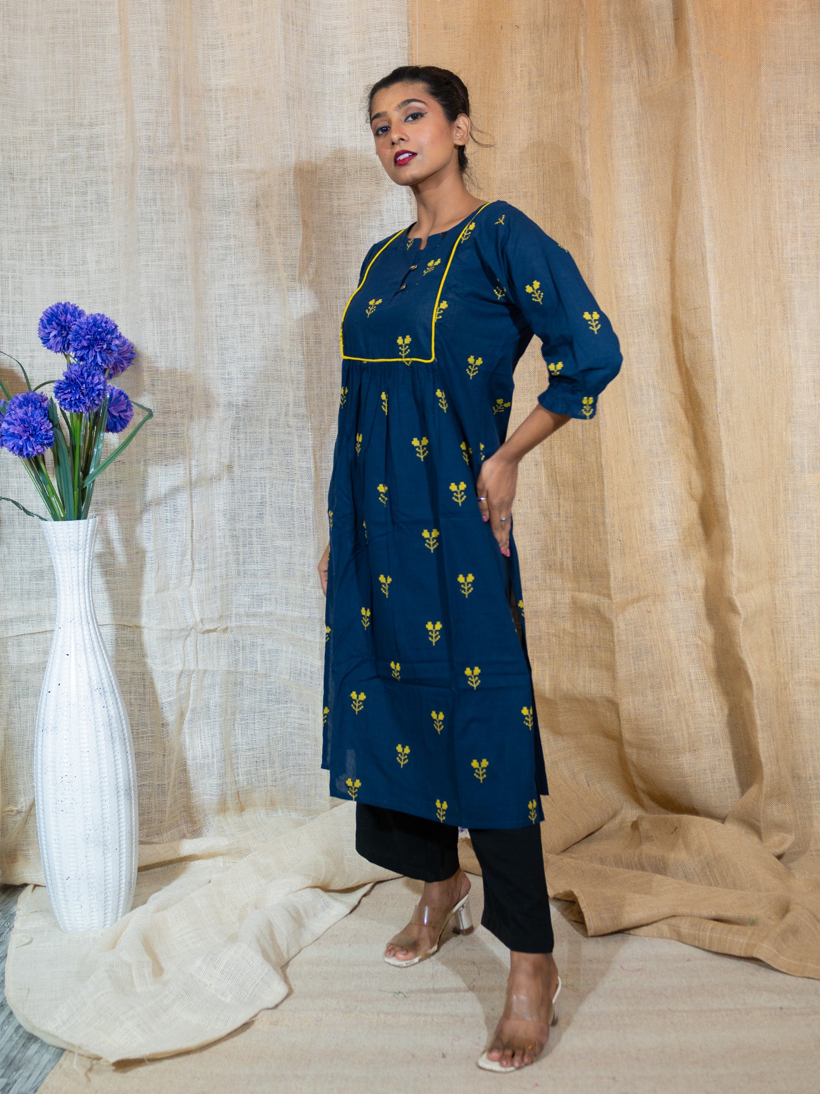Capri Blue Glow Handwork Cotton Jamdani Kurta