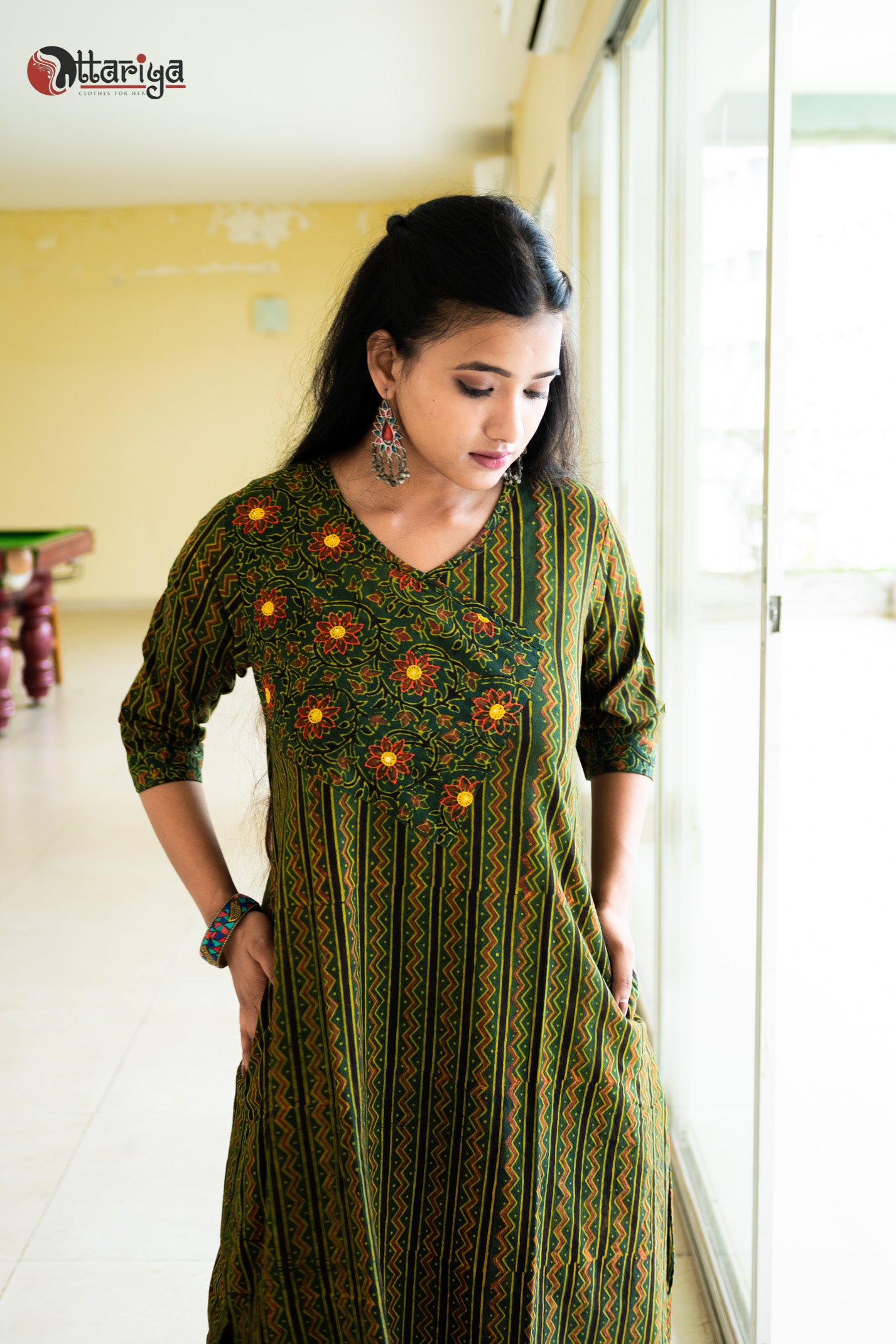 Majestic Ajrakh Charm Embroidered Cotton Kurta - Uttariya