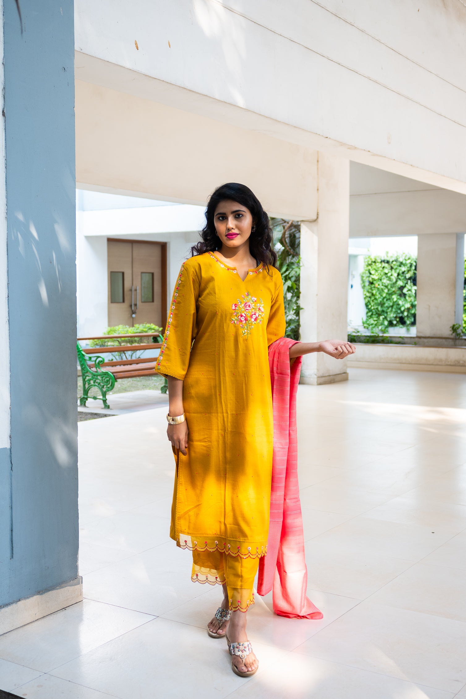 Yellow Handwork Maslin Silk Kurta Set