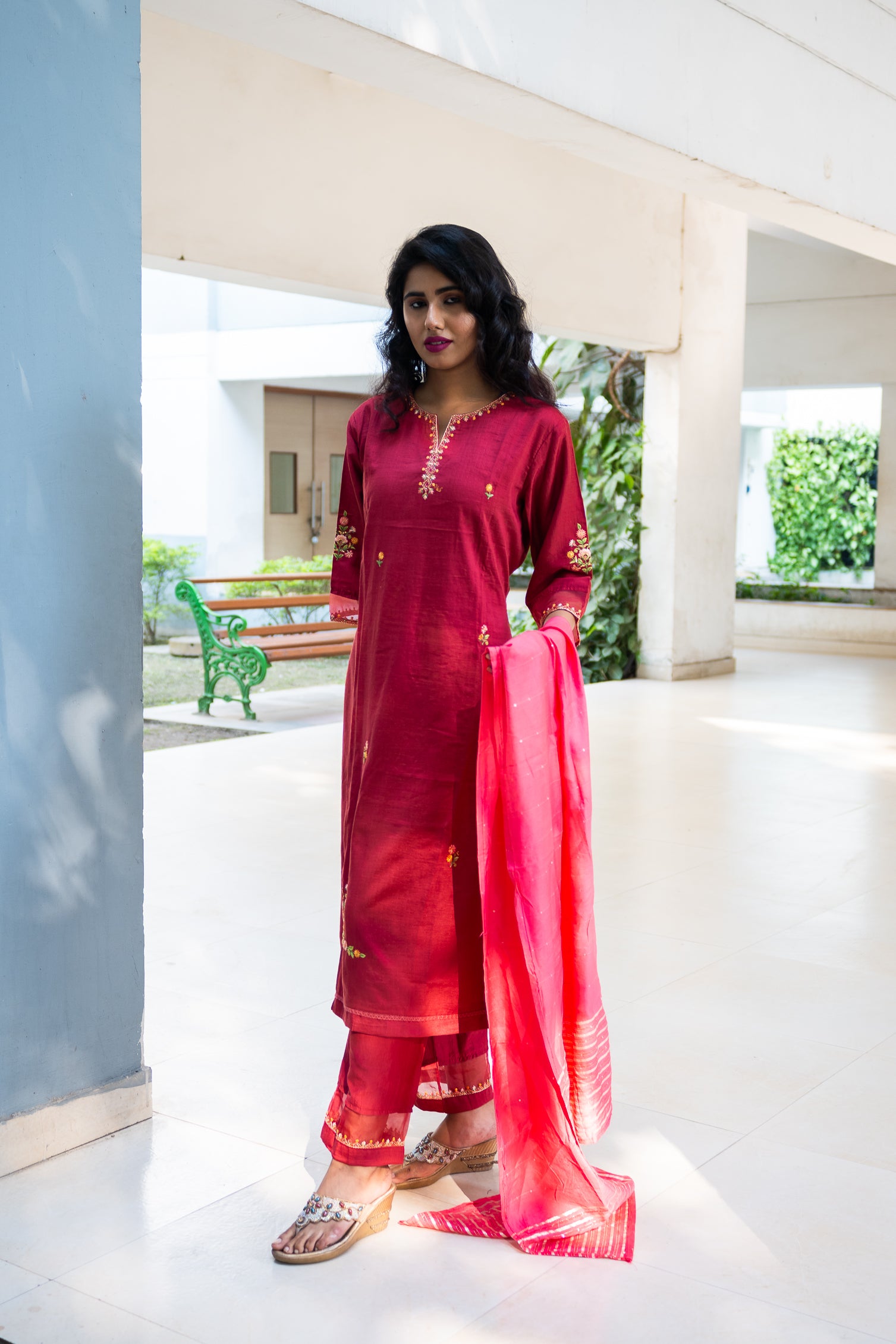 Beet red Maslin Kurta Set