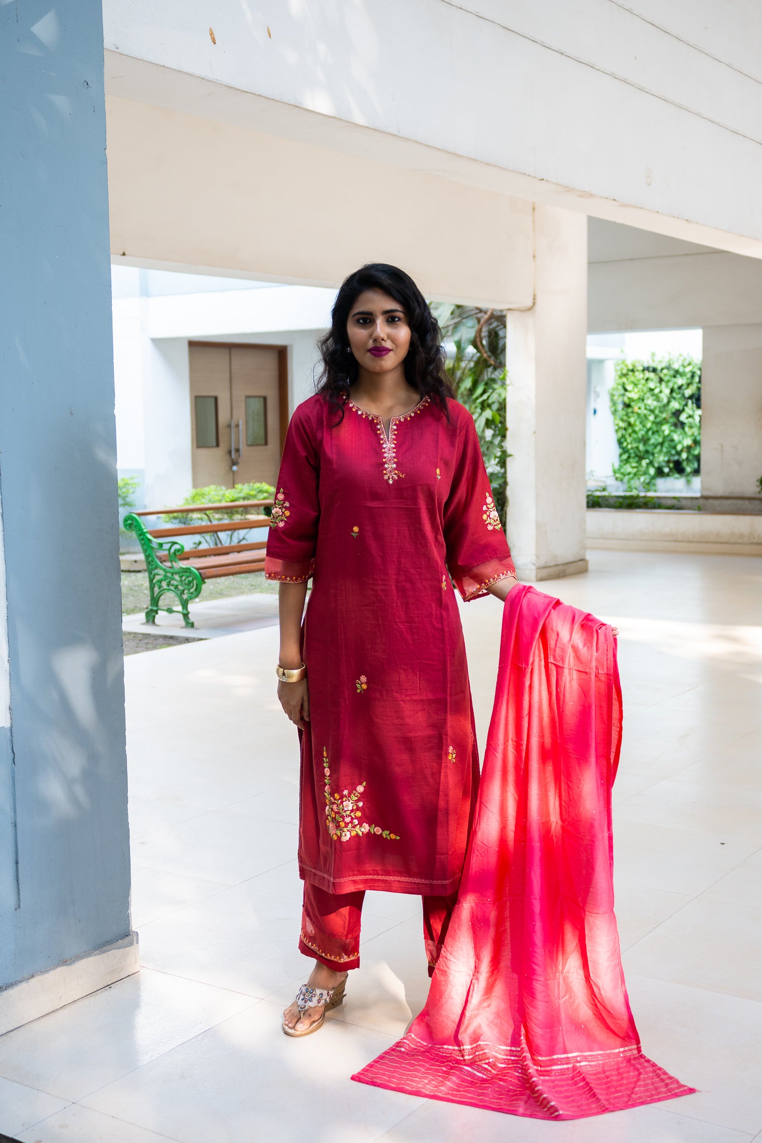 Beet red Maslin Kurta Set