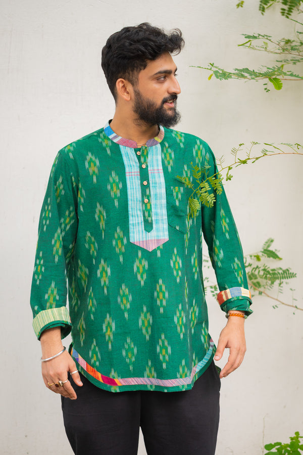 Ikat Gamcha Placket Short Kurta — Green