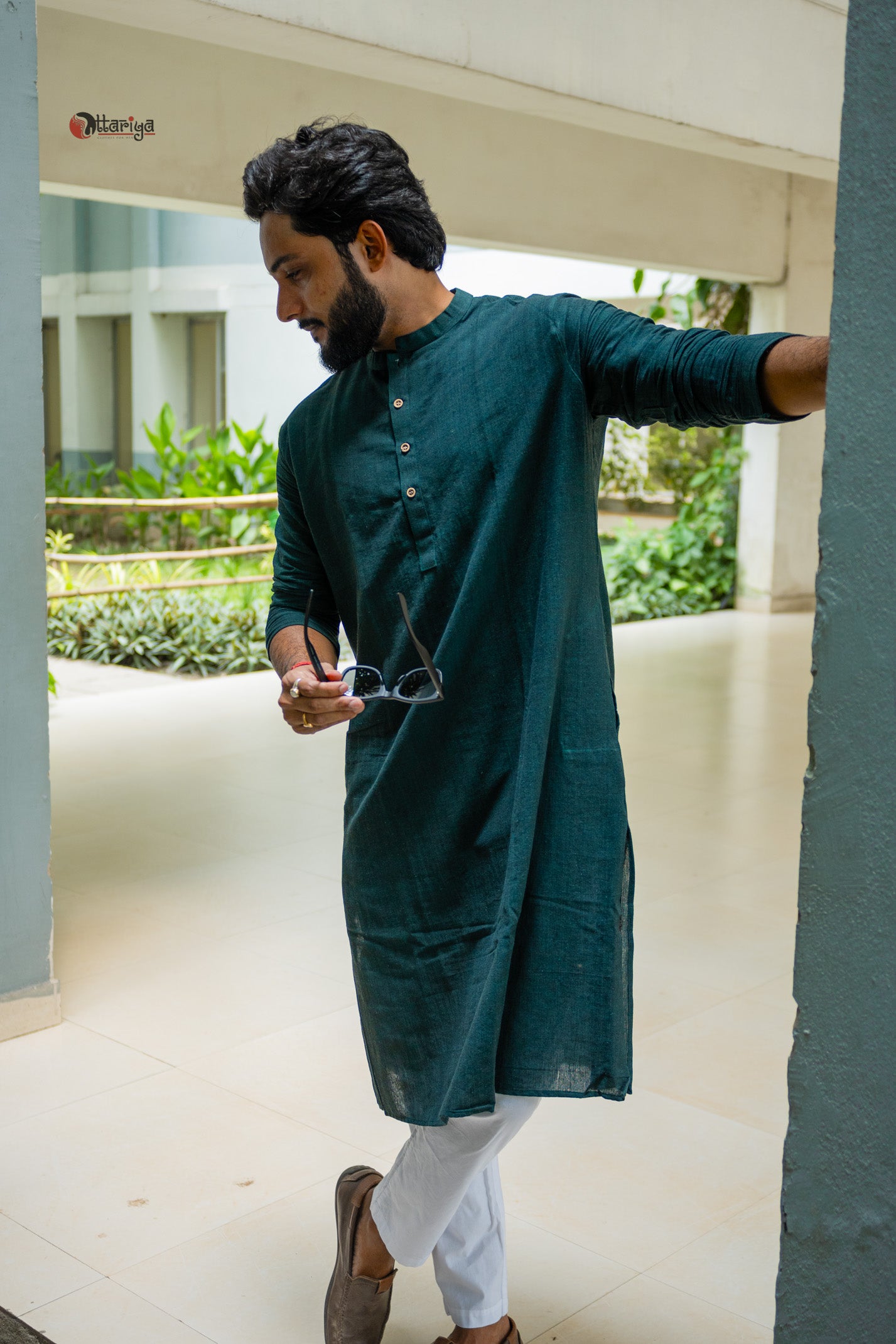Khadi long kurta with hand kalamkari jacket in green