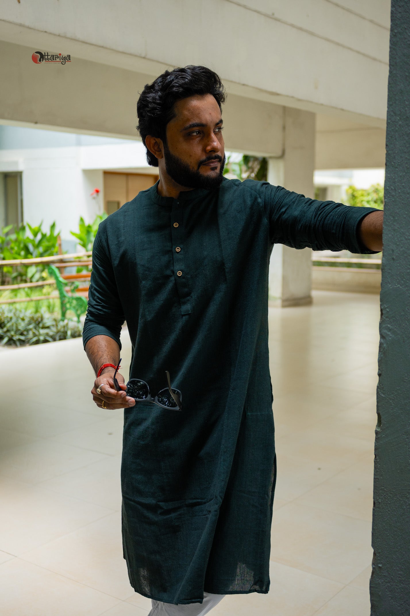 Khadi long kurta with hand kalamkari jacket in green