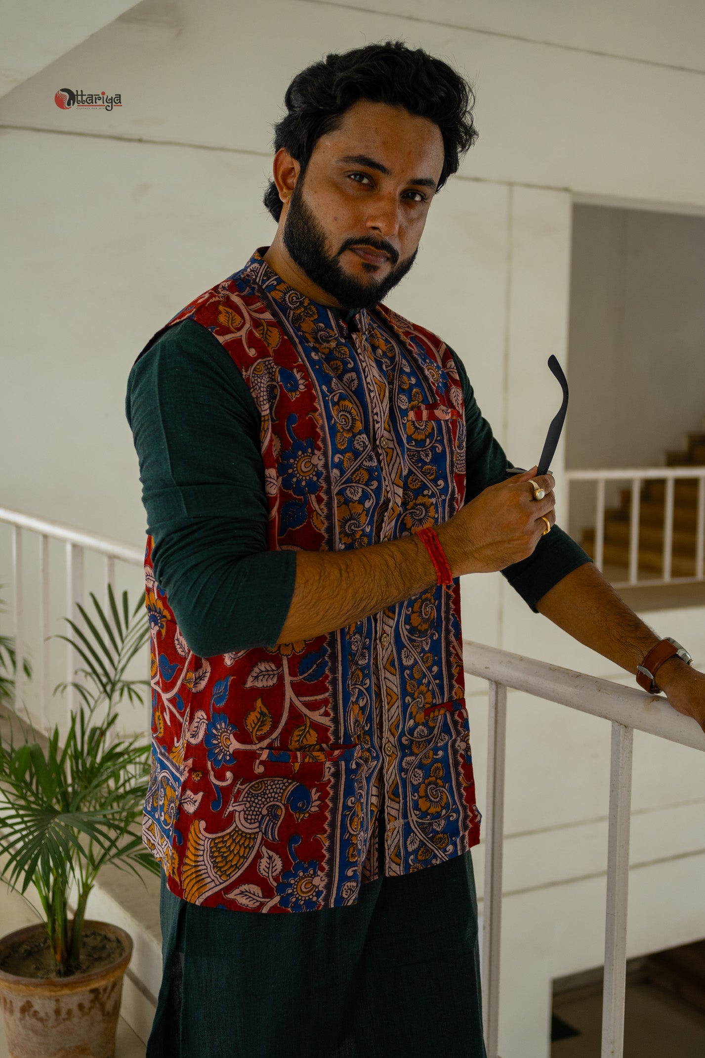 Khadi long kurta with hand kalamkari jacket in green
