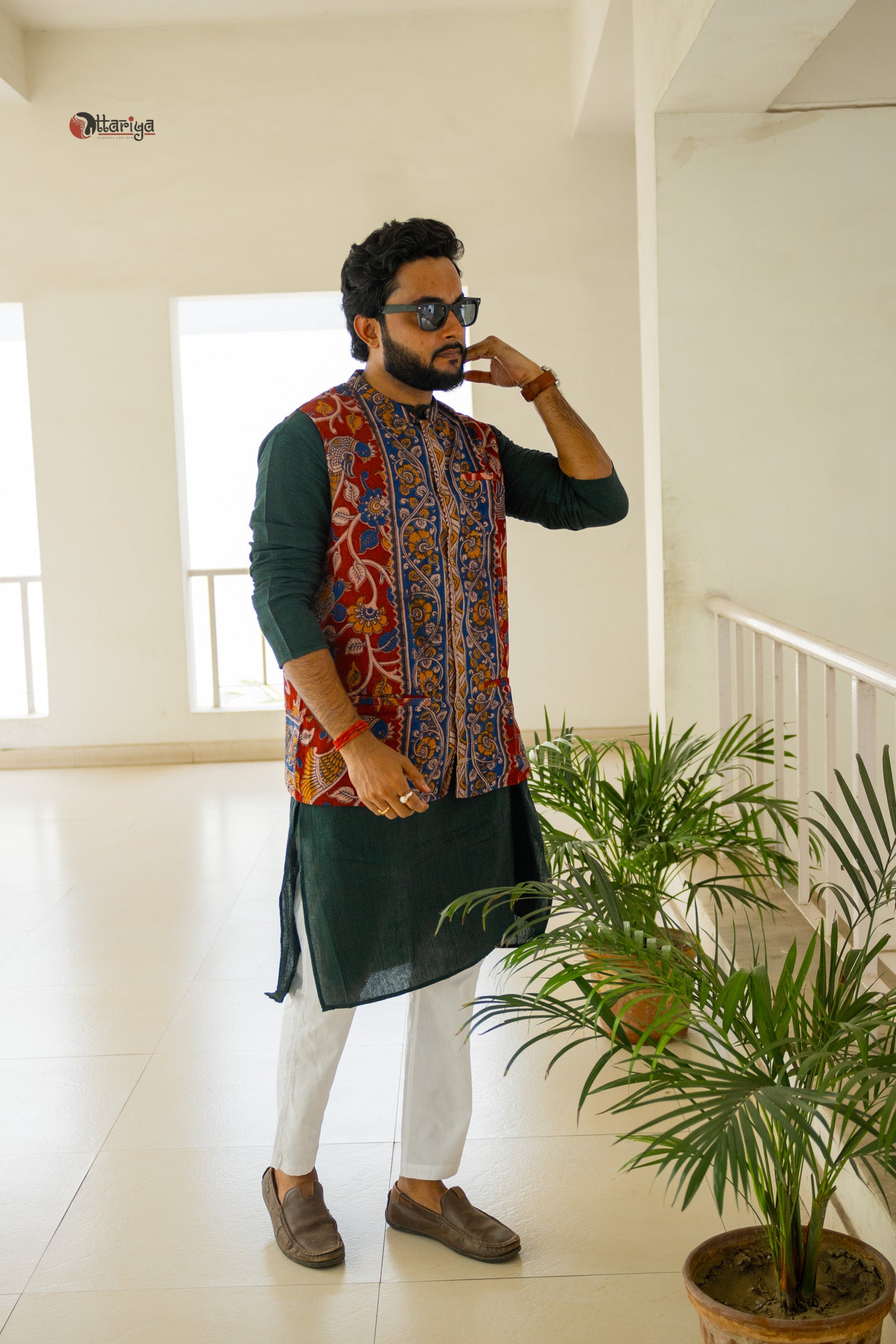 Khadi long kurta with hand kalamkari jacket in green
