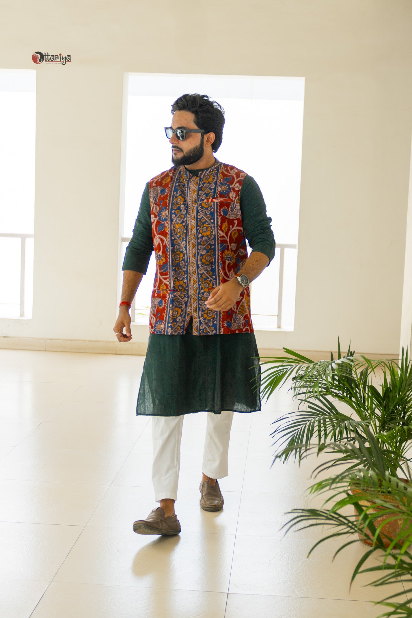Khadi long kurta with hand kalamkari jacket in green