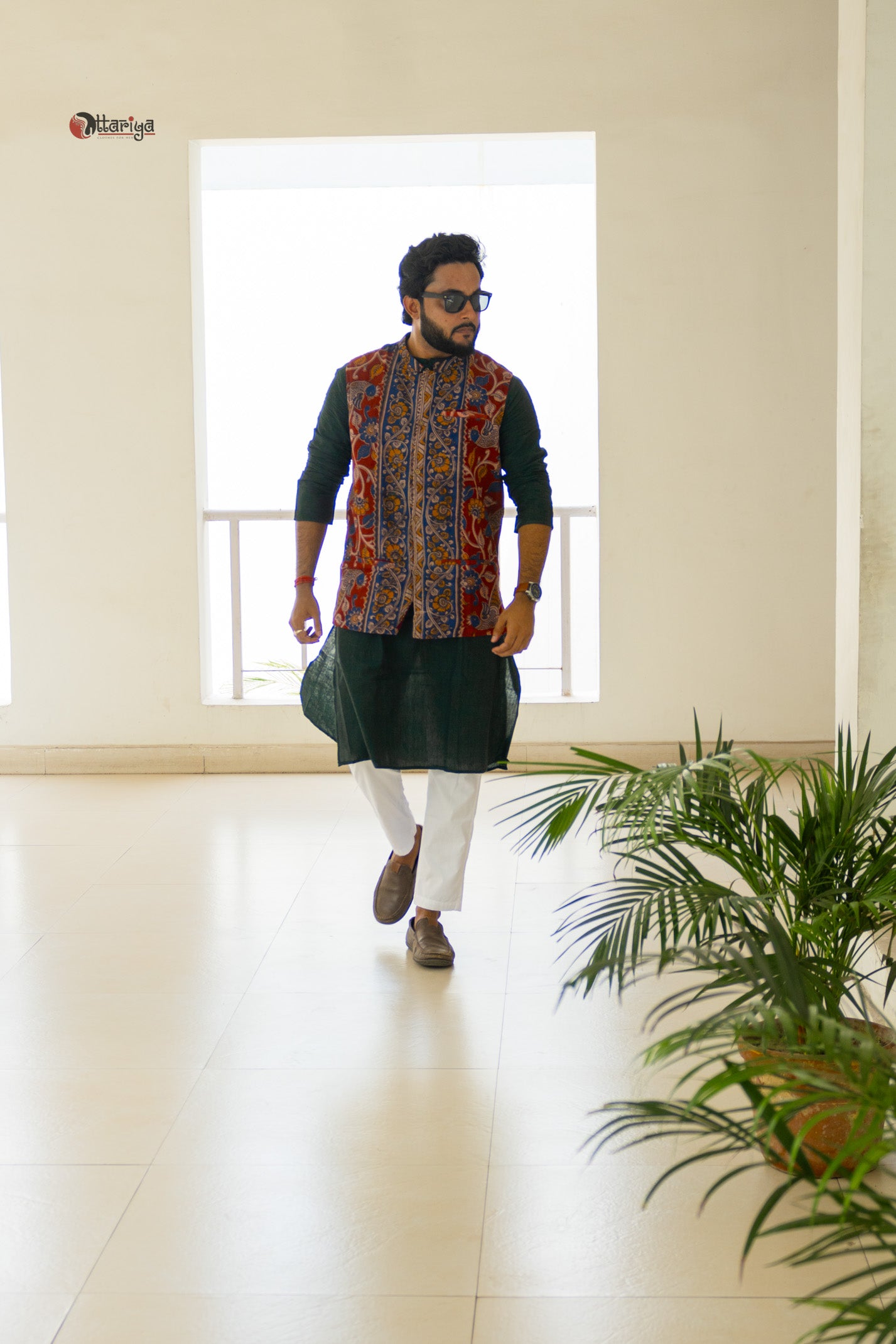 Khadi long kurta with hand kalamkari jacket in green